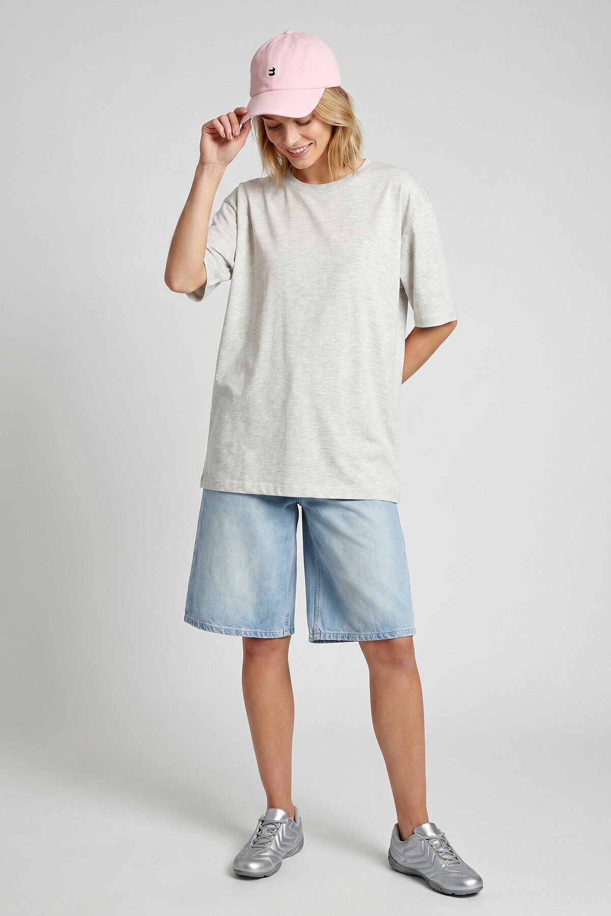 Oversize Basic Fitilli Modal T-shirt GRİ MELANJ LUB0361