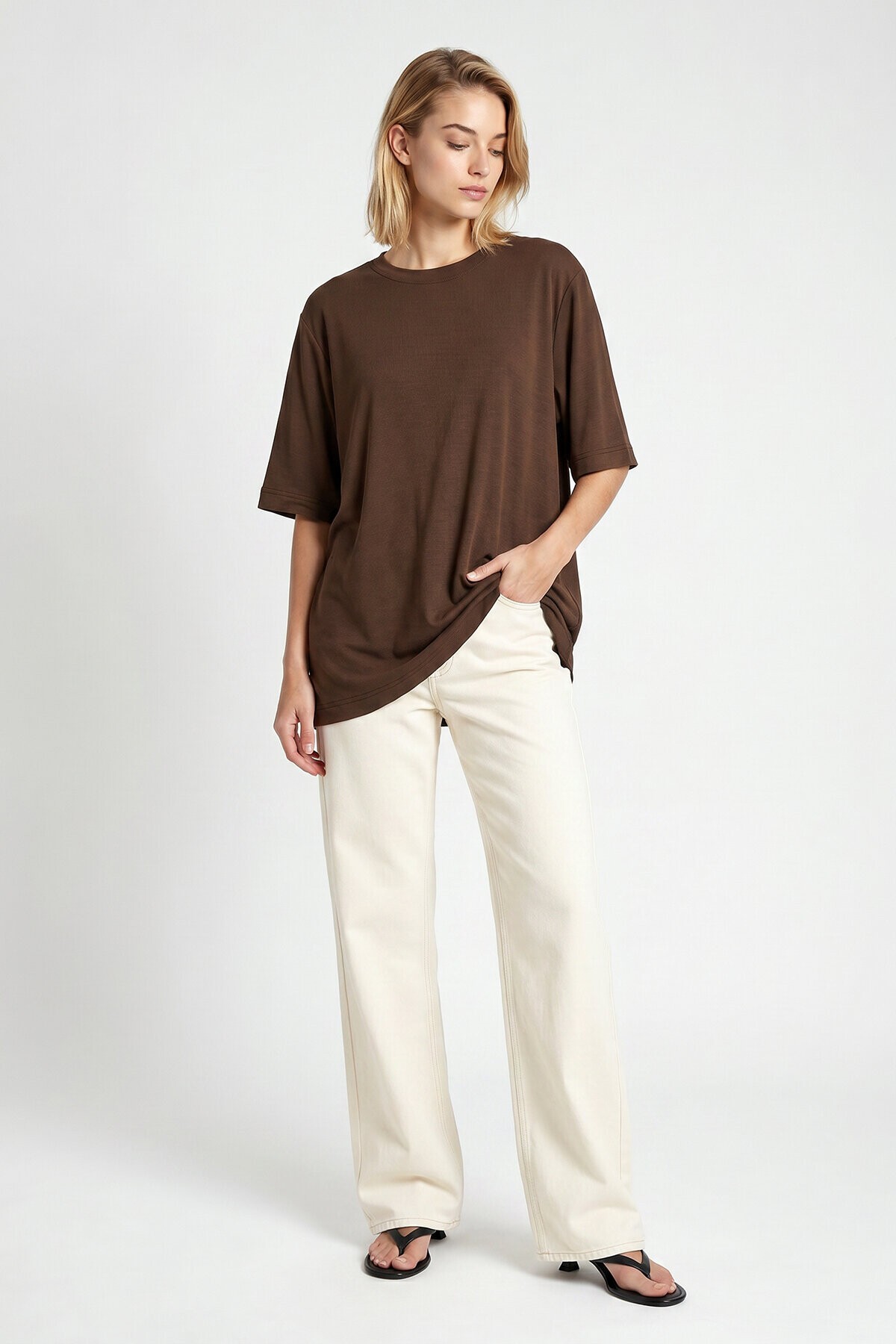 Oversize Basic Fitilli Modal T-shirt KAHVERENGİ LUB0361