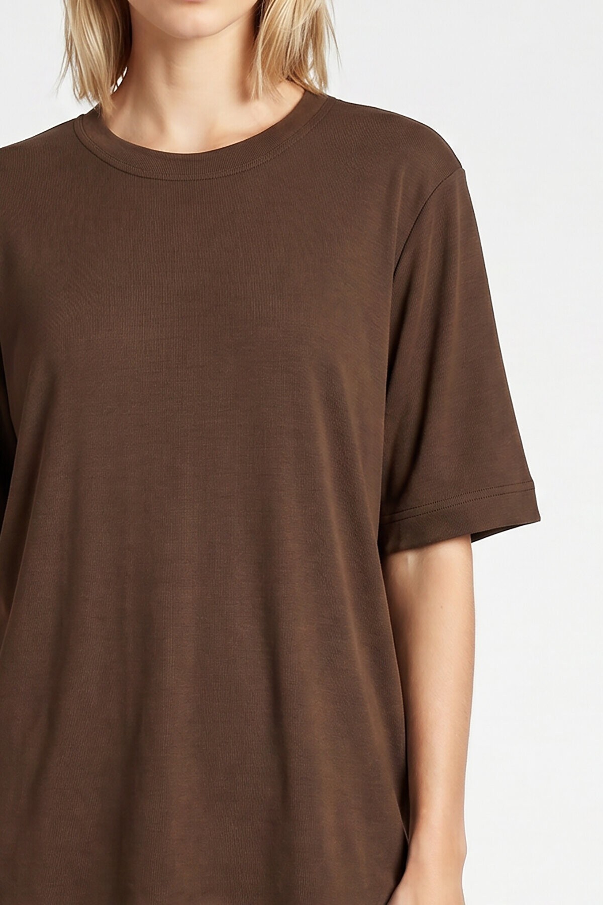 Oversize Basic Fitilli Modal T-shirt KAHVERENGİ LUB0361