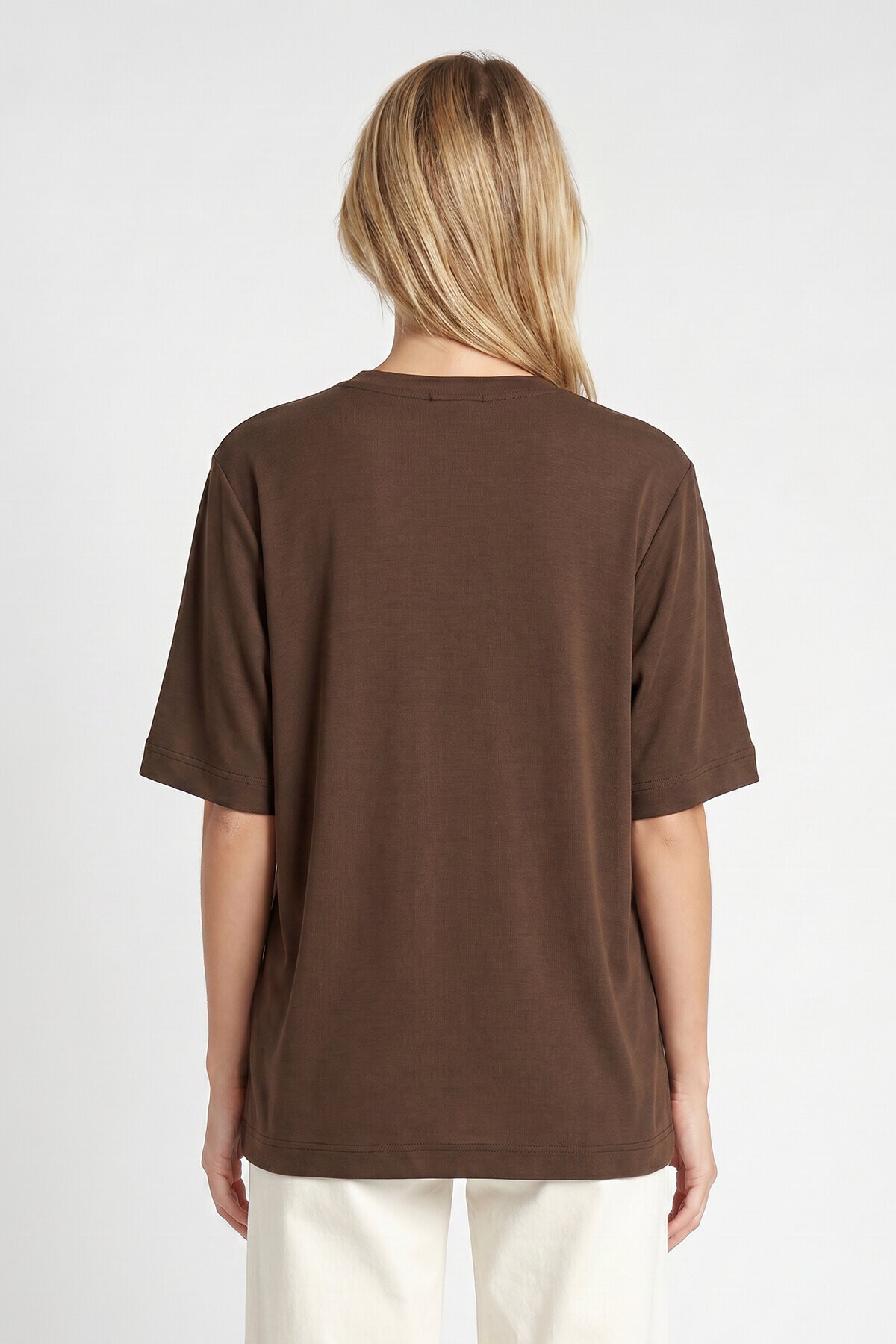 Oversize Basic Fitilli Modal T-shirt KAHVERENGİ LUB0361
