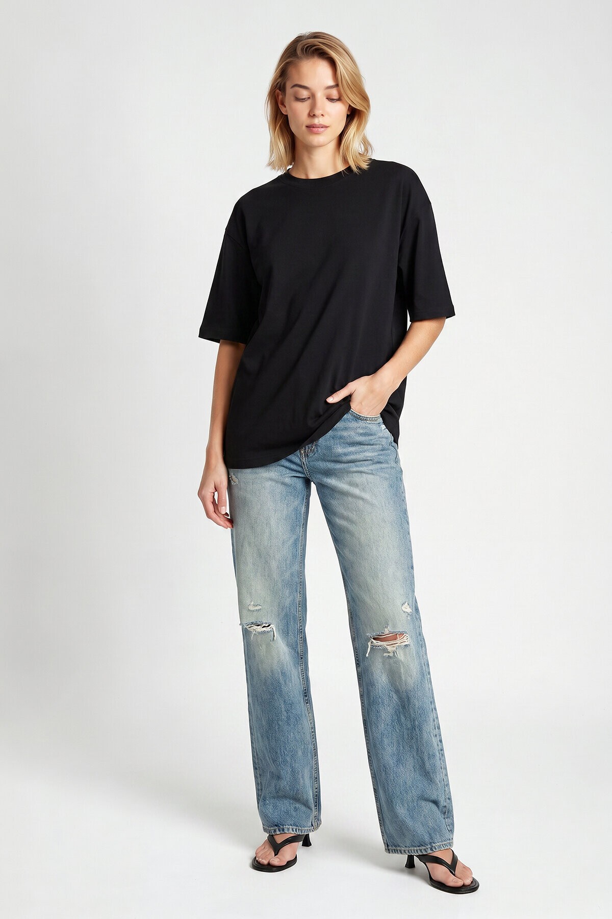Oversize Basic Fitilli Modal T-shirt SİYAH LUB0361