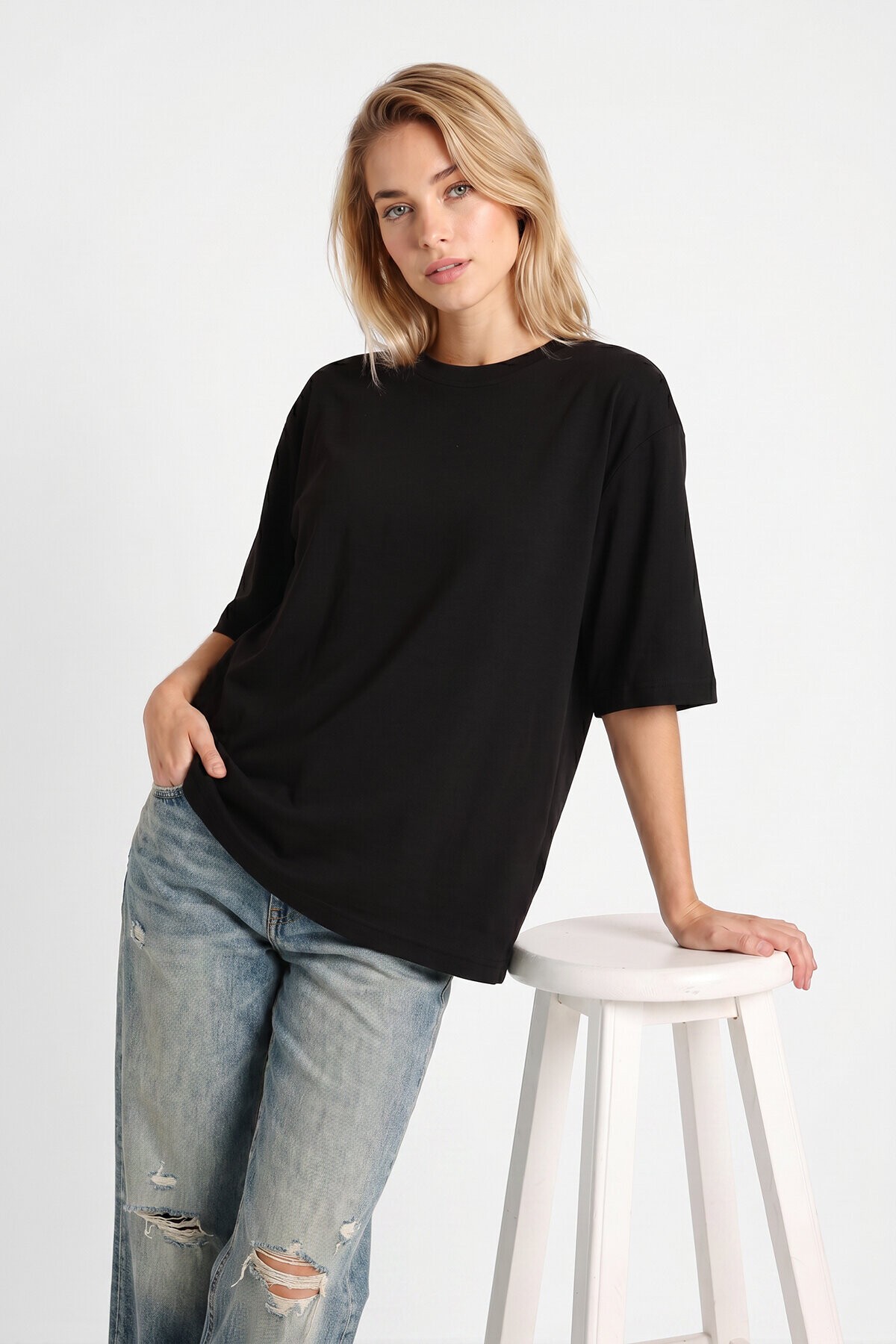 Oversize Basic Fitilli Modal T-shirt SİYAH LUB0361