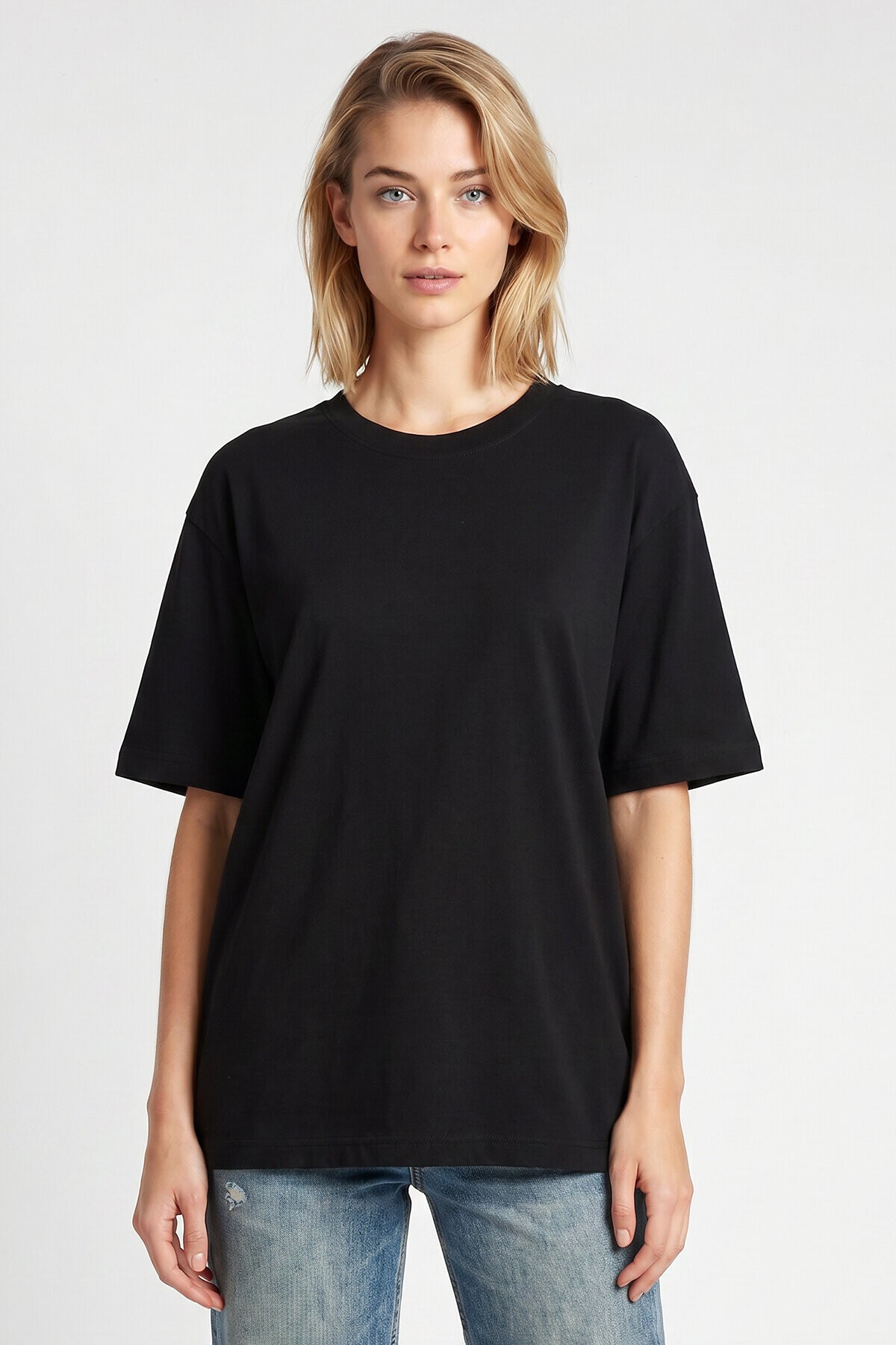 Oversize Basic Fitilli Modal T-shirt SİYAH LUB0361