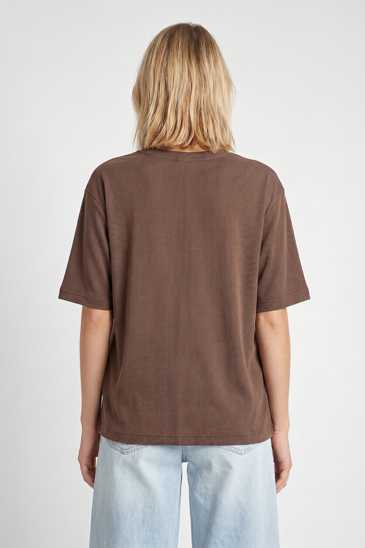 Oversize Basic Fitilli Modal T-shirt VİZON LUB0361