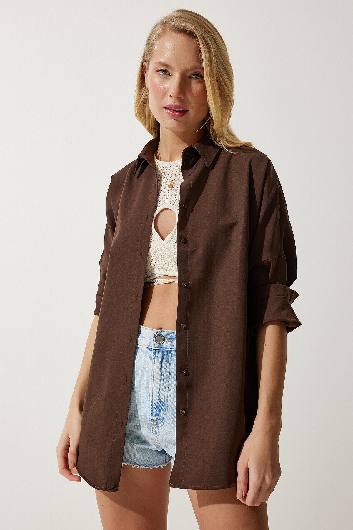 Oversize Basic Gömlek ACI KAHVE LDD0003