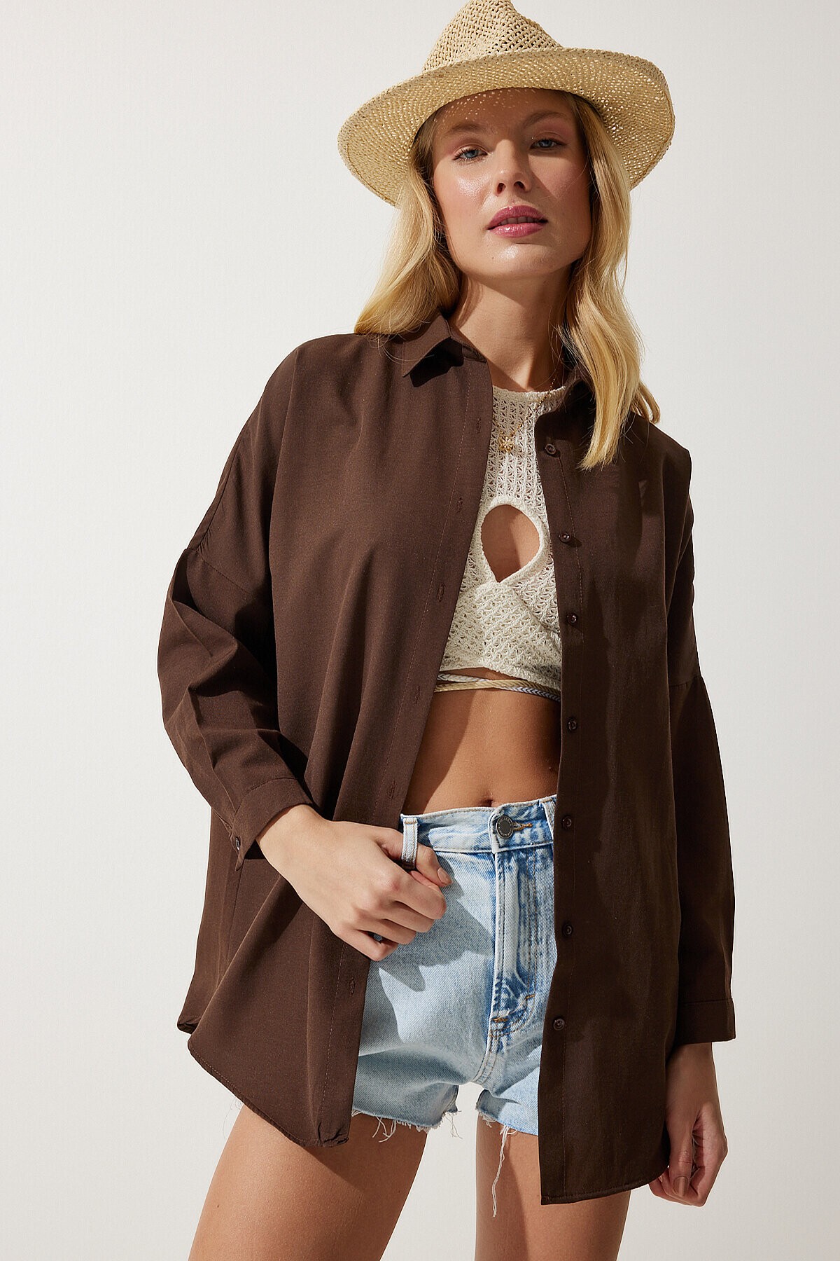 Oversize Basic Gömlek ACI KAHVE LDD0003
