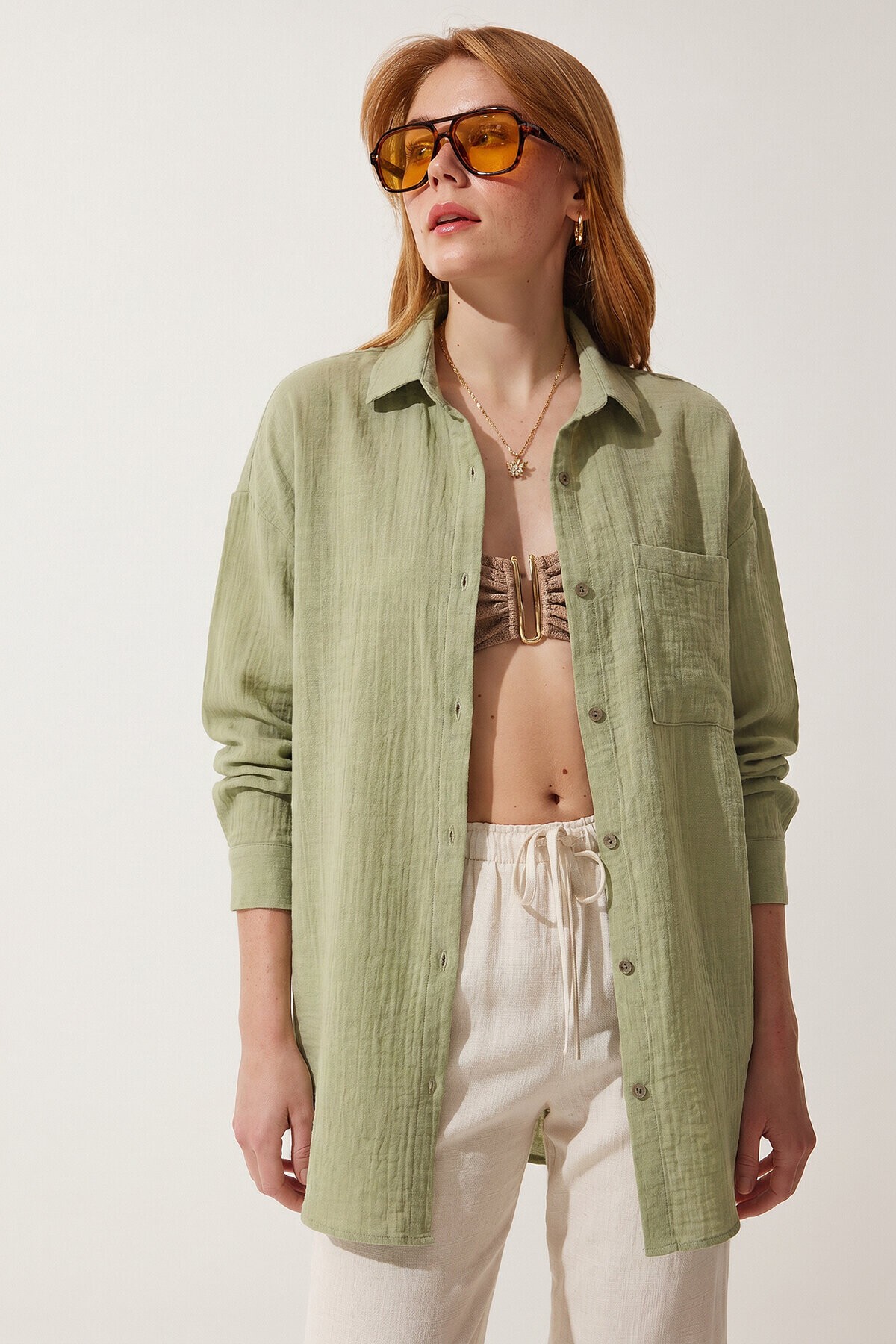 Oversize Basic Müslin Gömlek AÇIK ÇAĞLA YEŞİLİ LMX0002