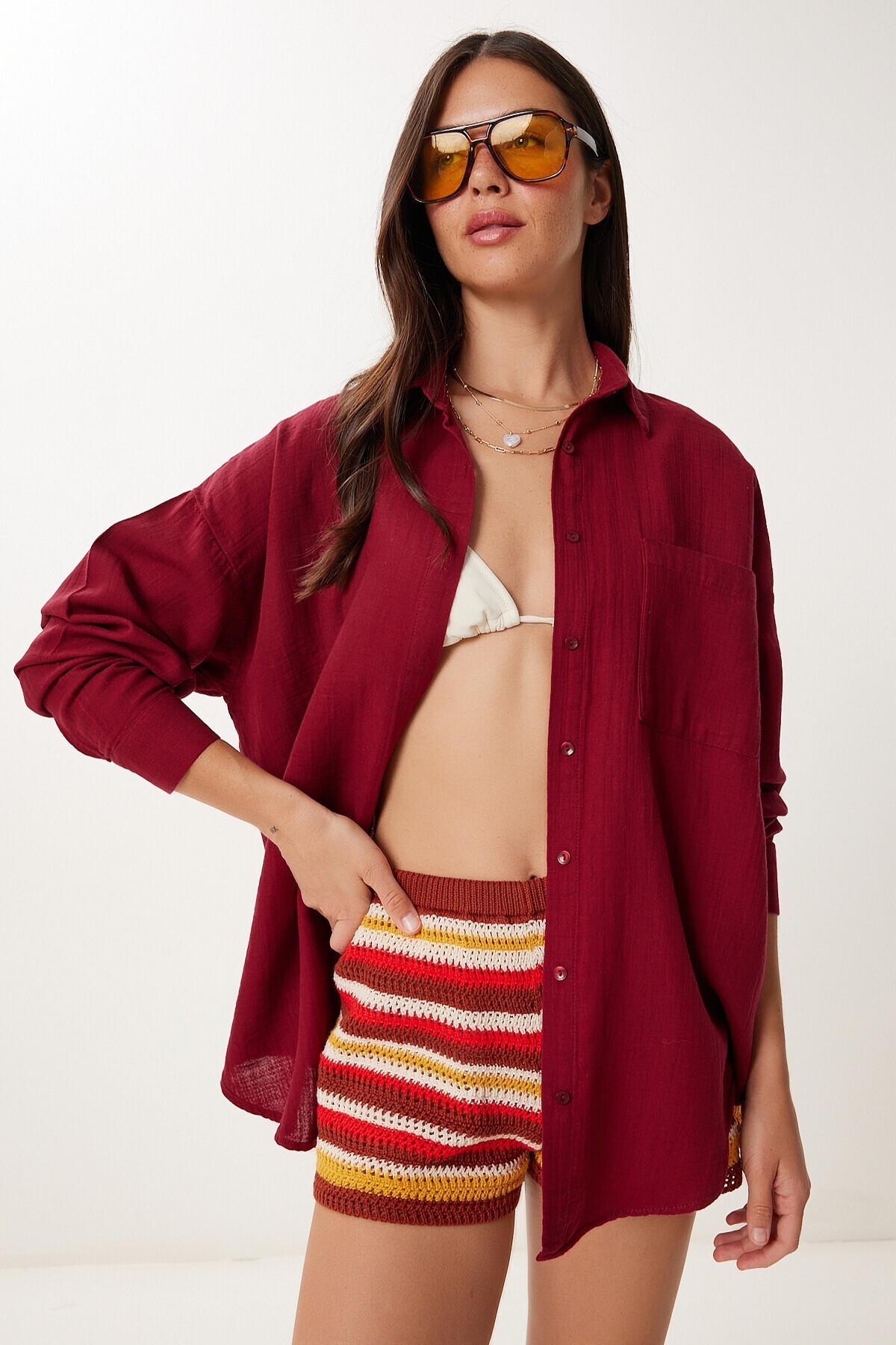 Oversize Basic Müslin Gömlek BORDO LMX0002