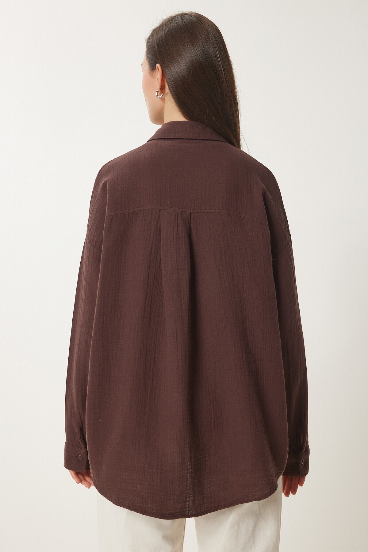 Oversize Basic Müslin Gömlek KAHVERENGİ LMX0002