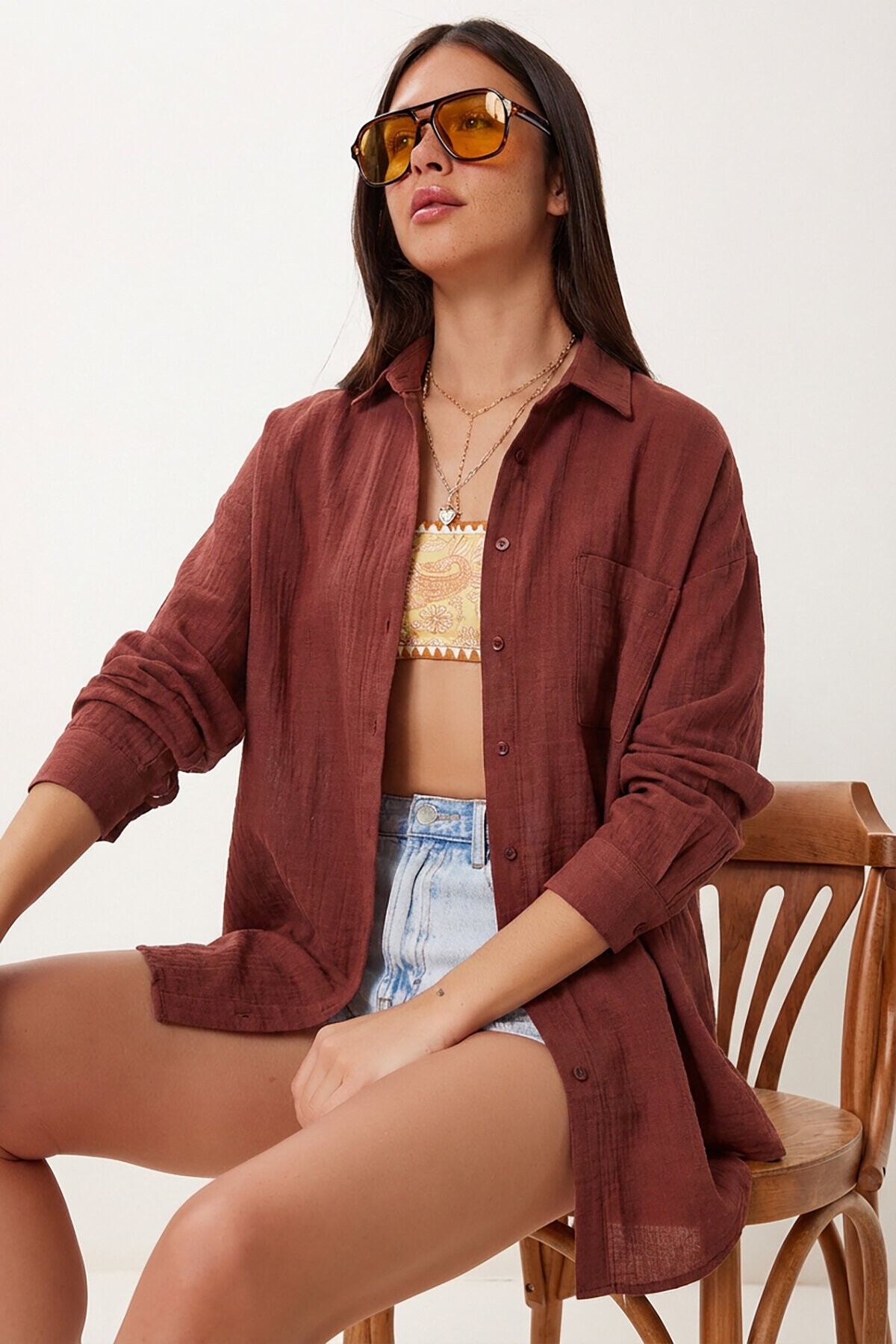 Oversize Basic Müslin Gömlek KOYU KİREMİT LMX0002