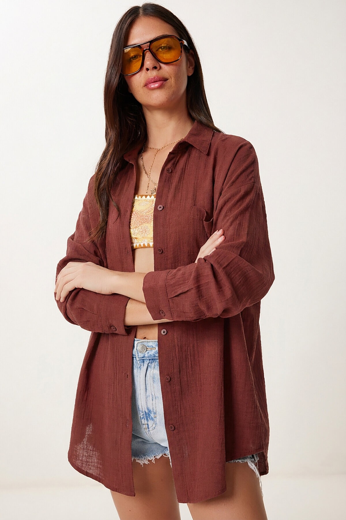 Oversize Basic Müslin Gömlek KOYU KİREMİT LMX0002