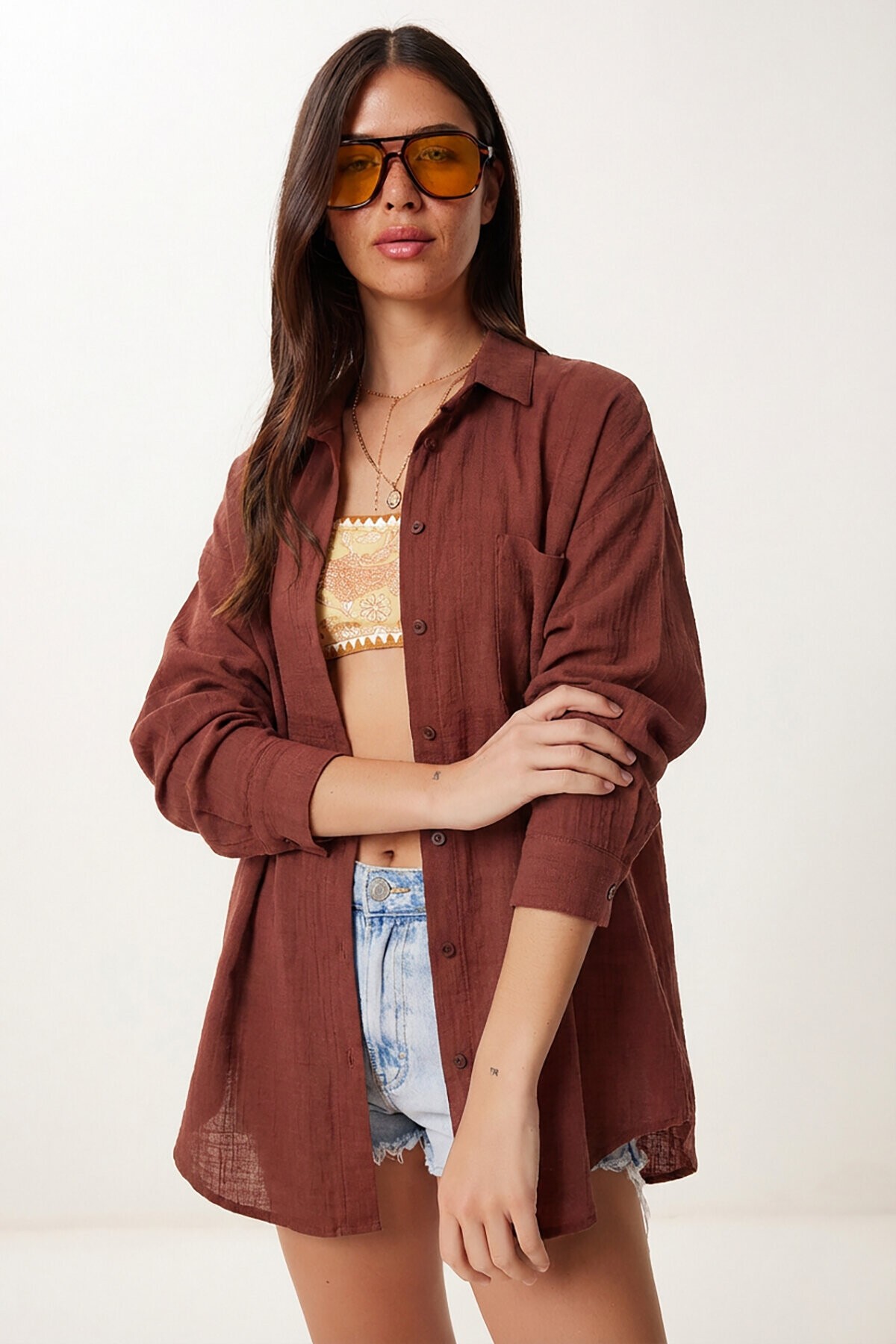 Oversize Basic Müslin Gömlek KOYU KİREMİT LMX0002