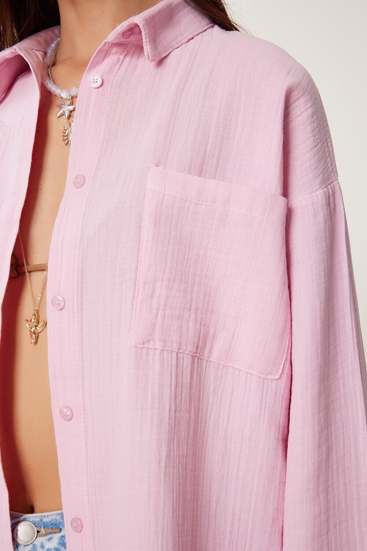 Oversize Basic Müslin Gömlek ŞEKER PEMBE LMX0002