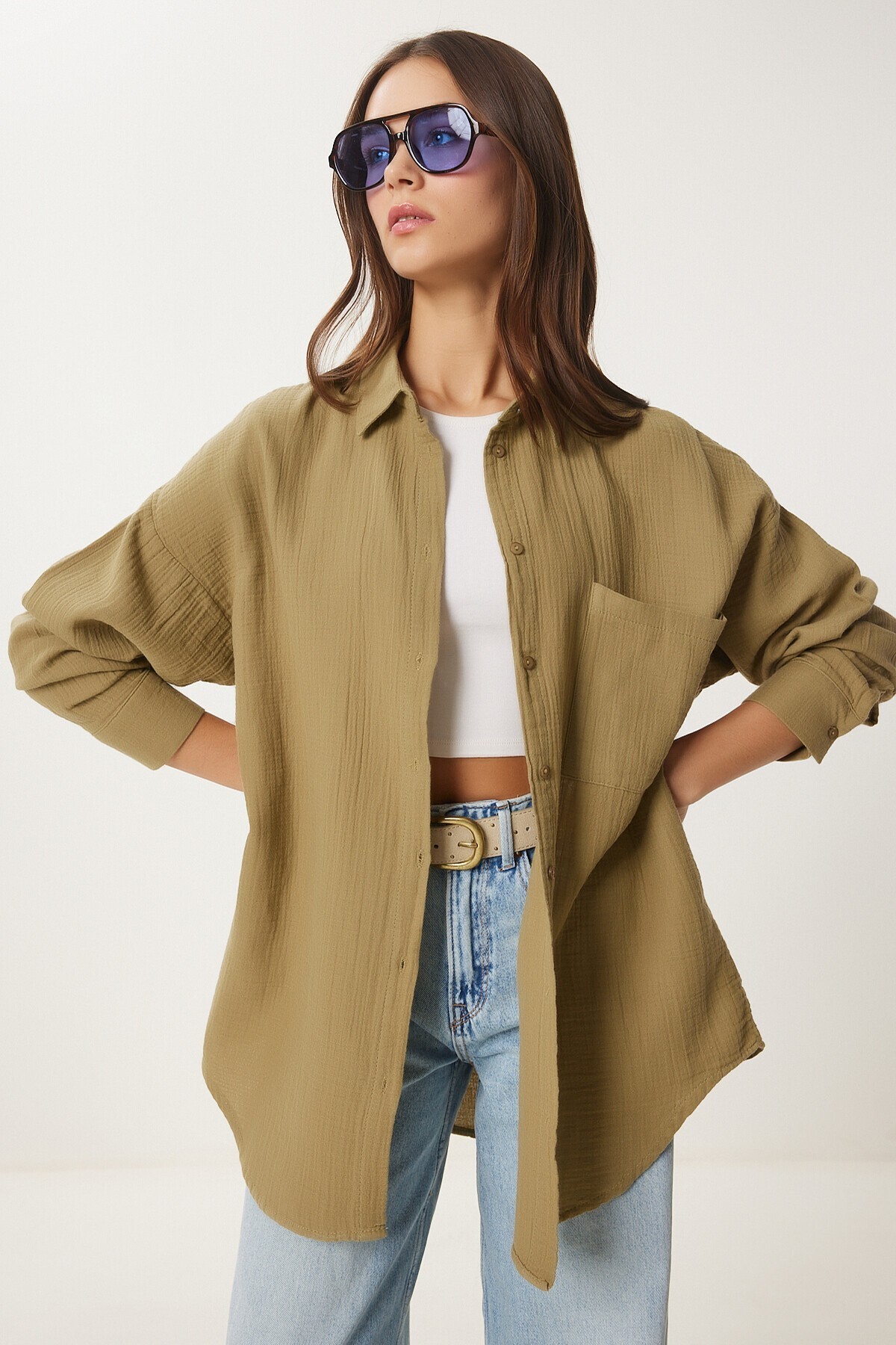 Oversize Basic Müslin Gömlek YAĞ YEŞİLİ LMX0002