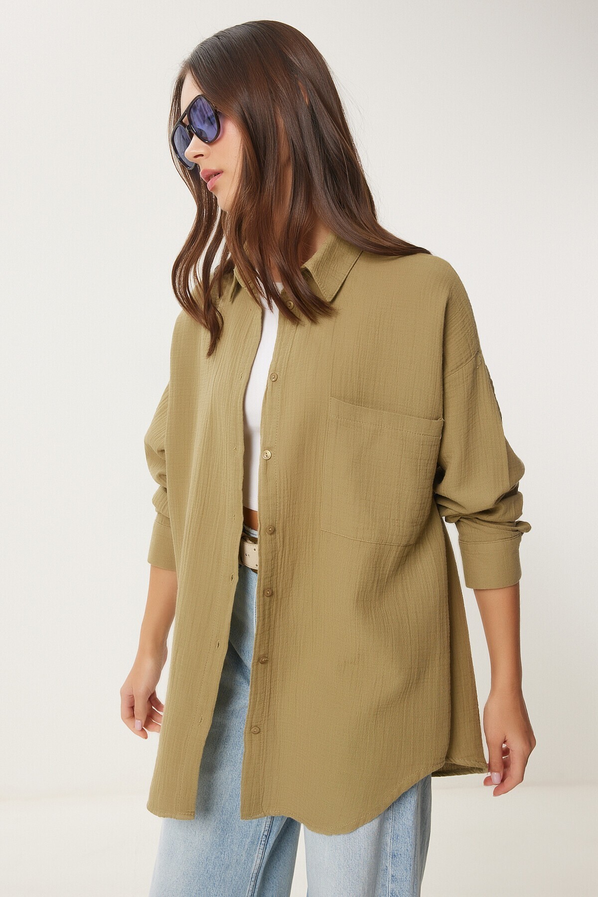 Oversize Basic Müslin Gömlek YAĞ YEŞİLİ LMX0002