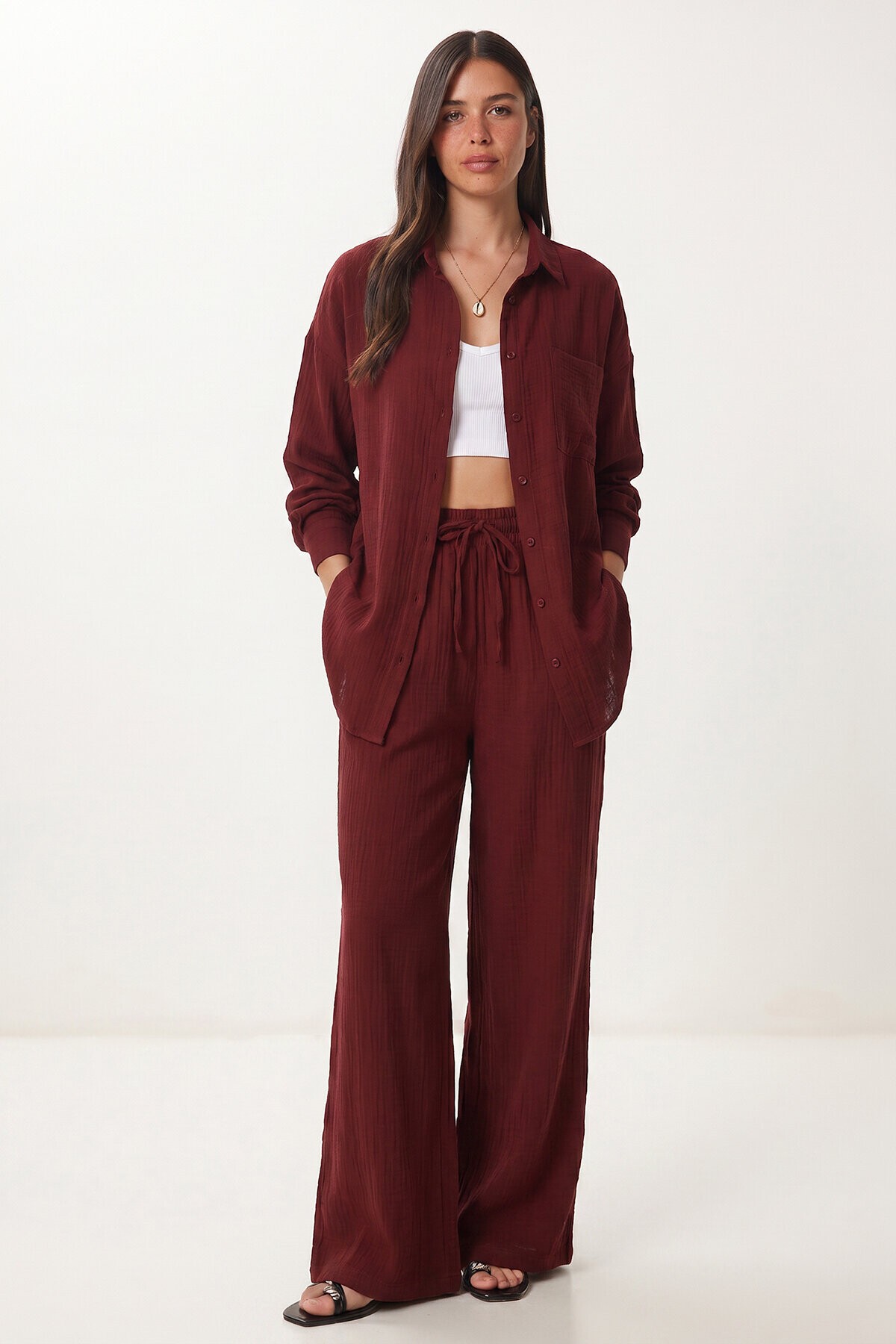 Oversize Müslin Gömlek Pantolon Takım BORDO LSA0014