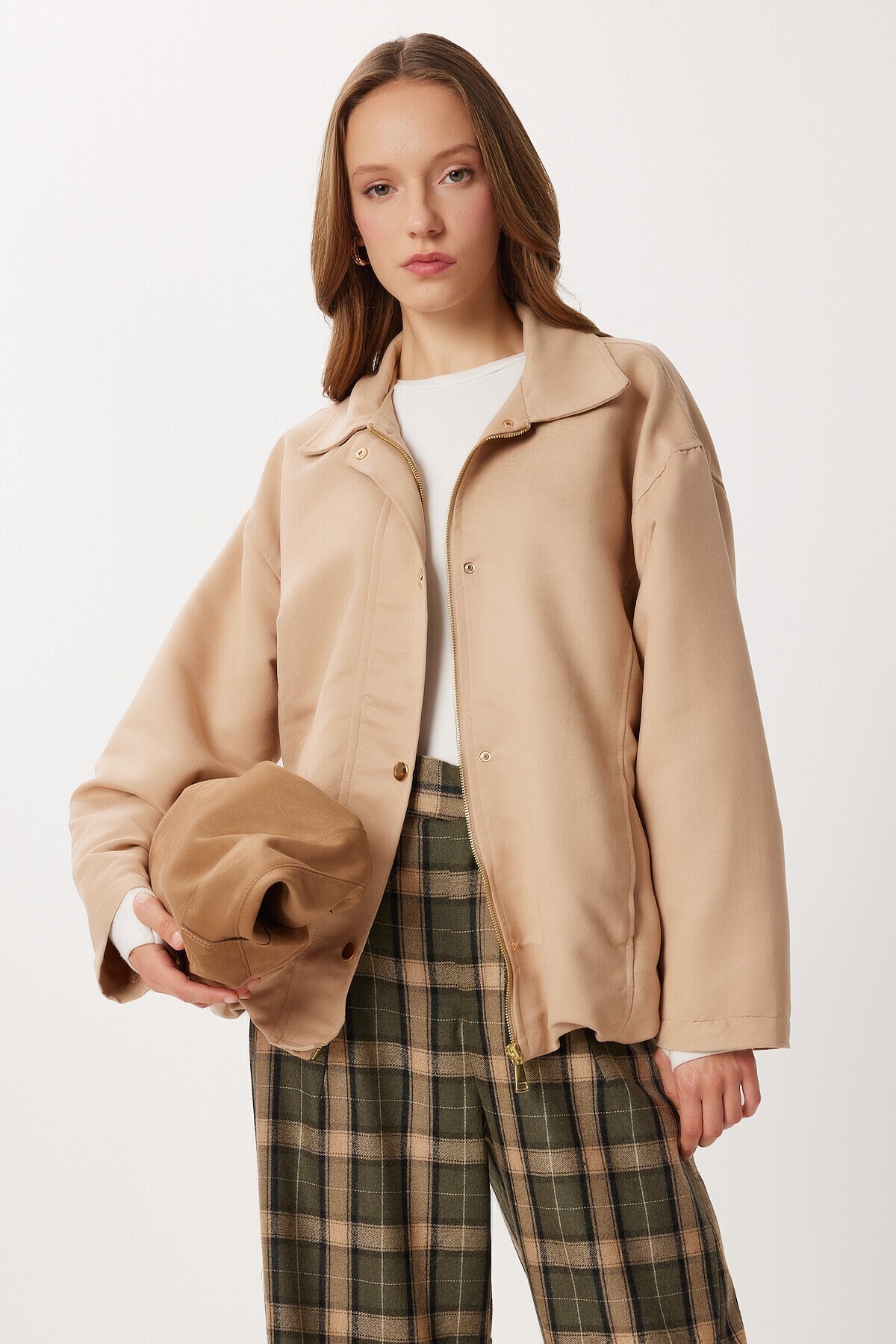 Oversize Suni Süet Bomber Ceket BEJ LAN0081