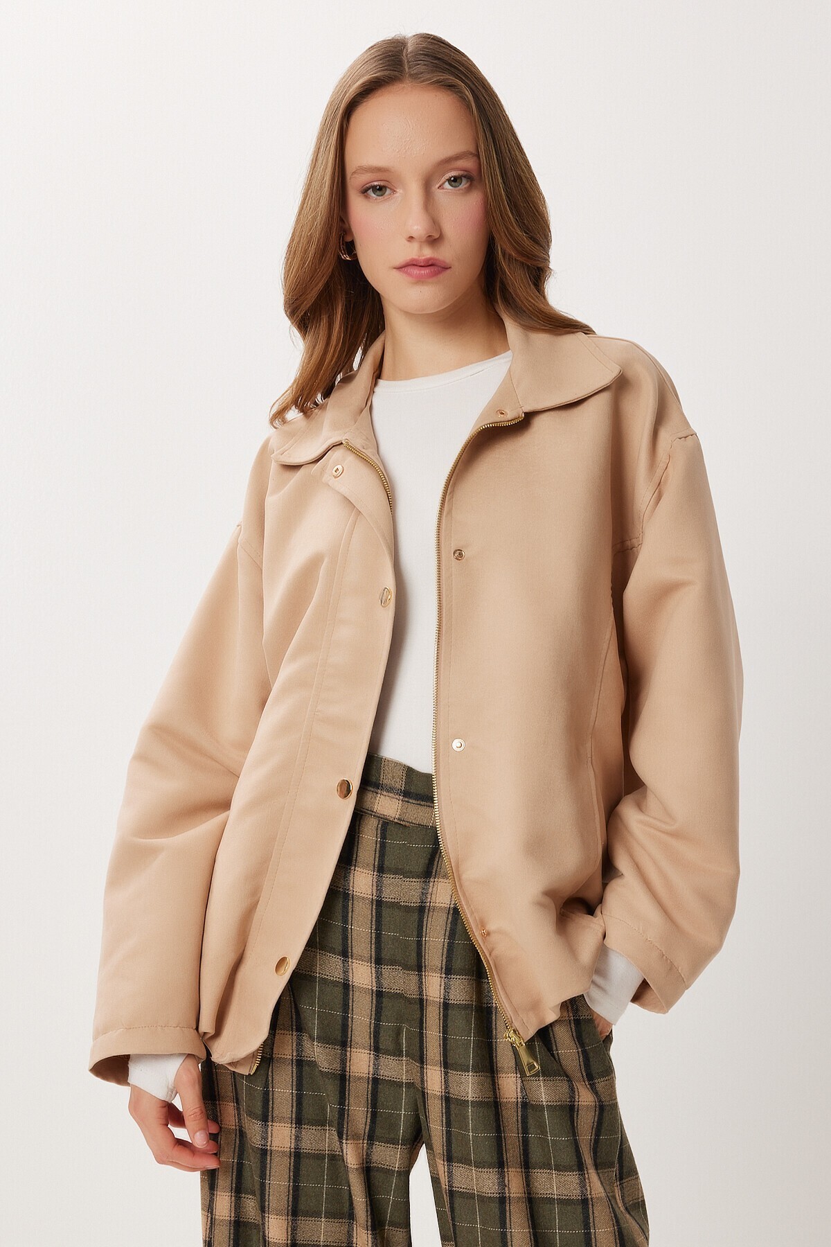 Oversize Suni Süet Bomber Ceket BEJ LAN0081