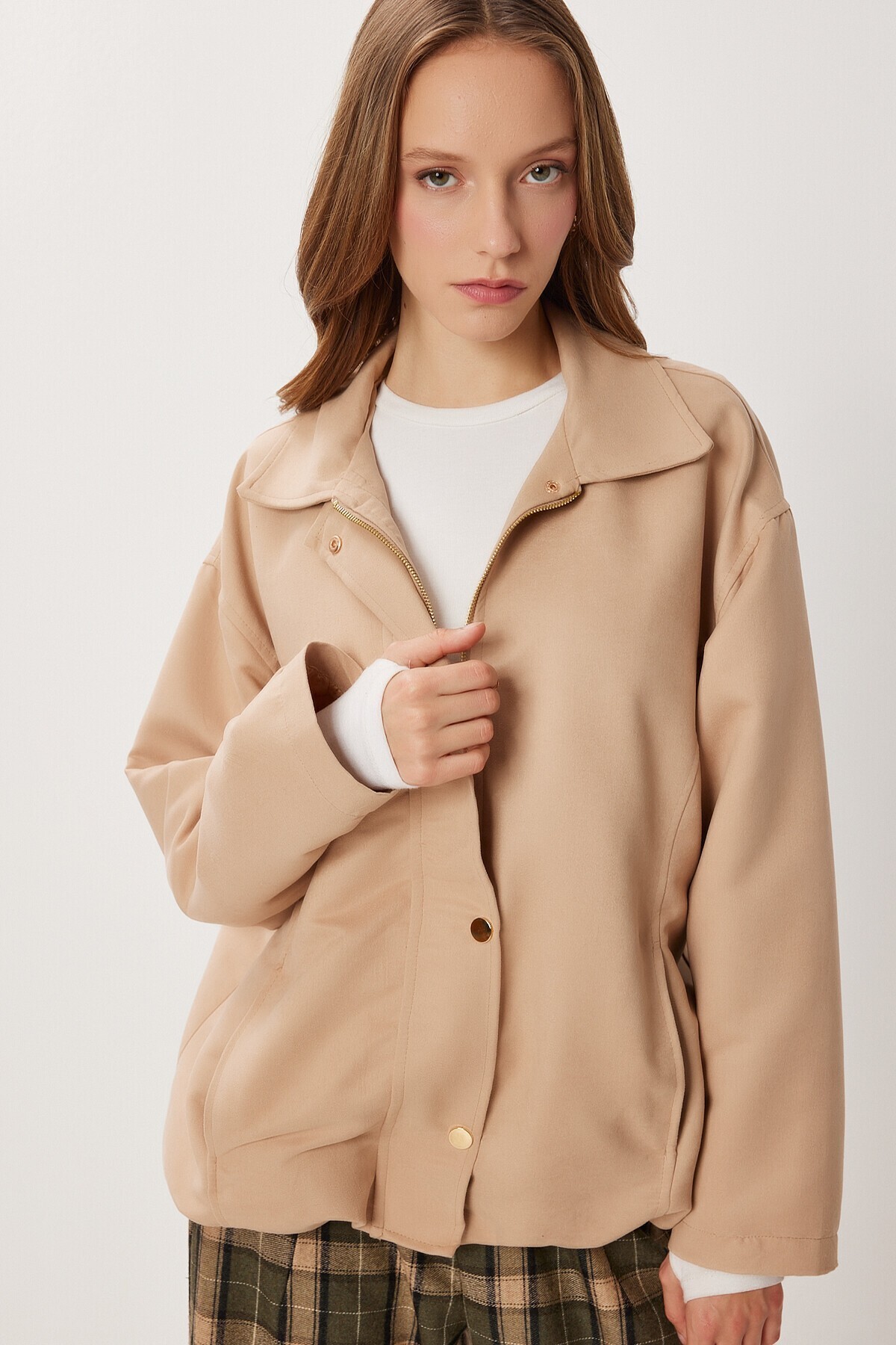 Oversize Suni Süet Bomber Ceket BEJ LAN0081