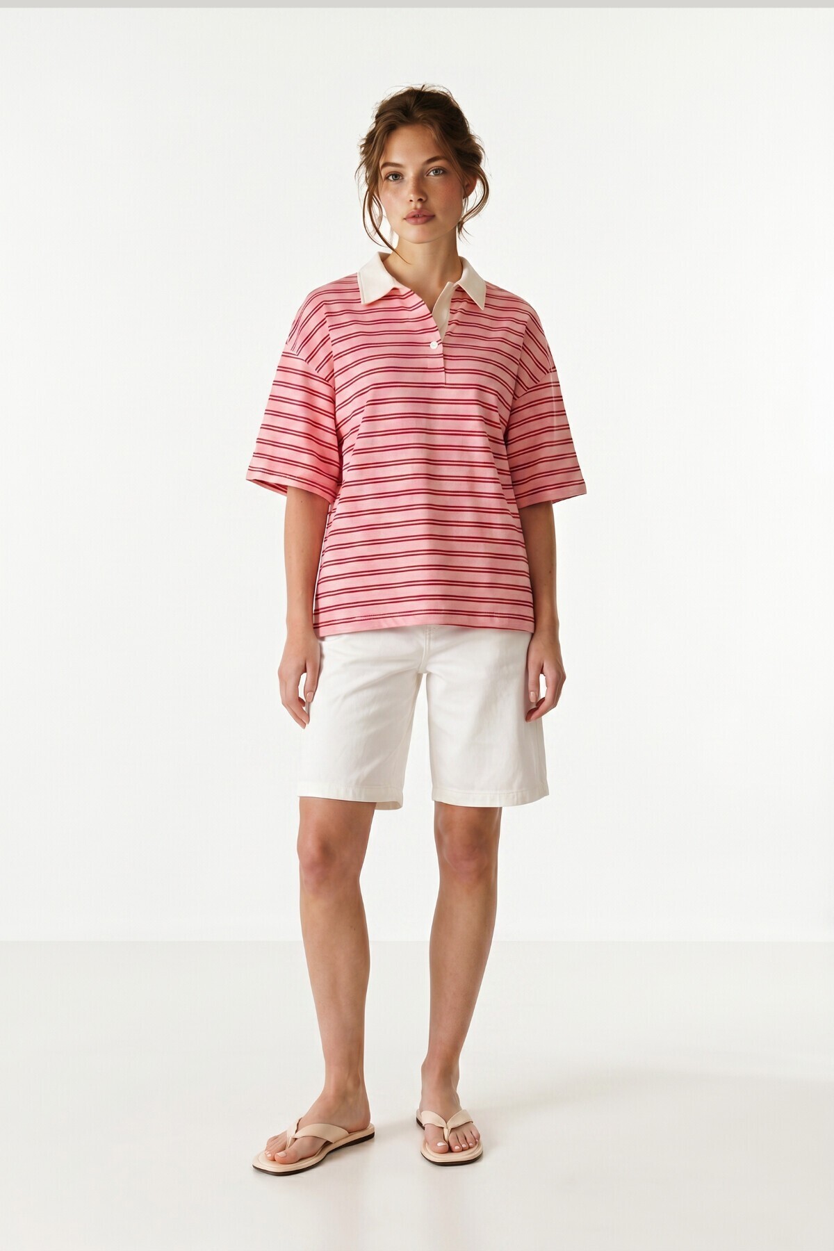 Polo Yaka Çizgili Oversize Örme T-shirt PEMBE LUB0388