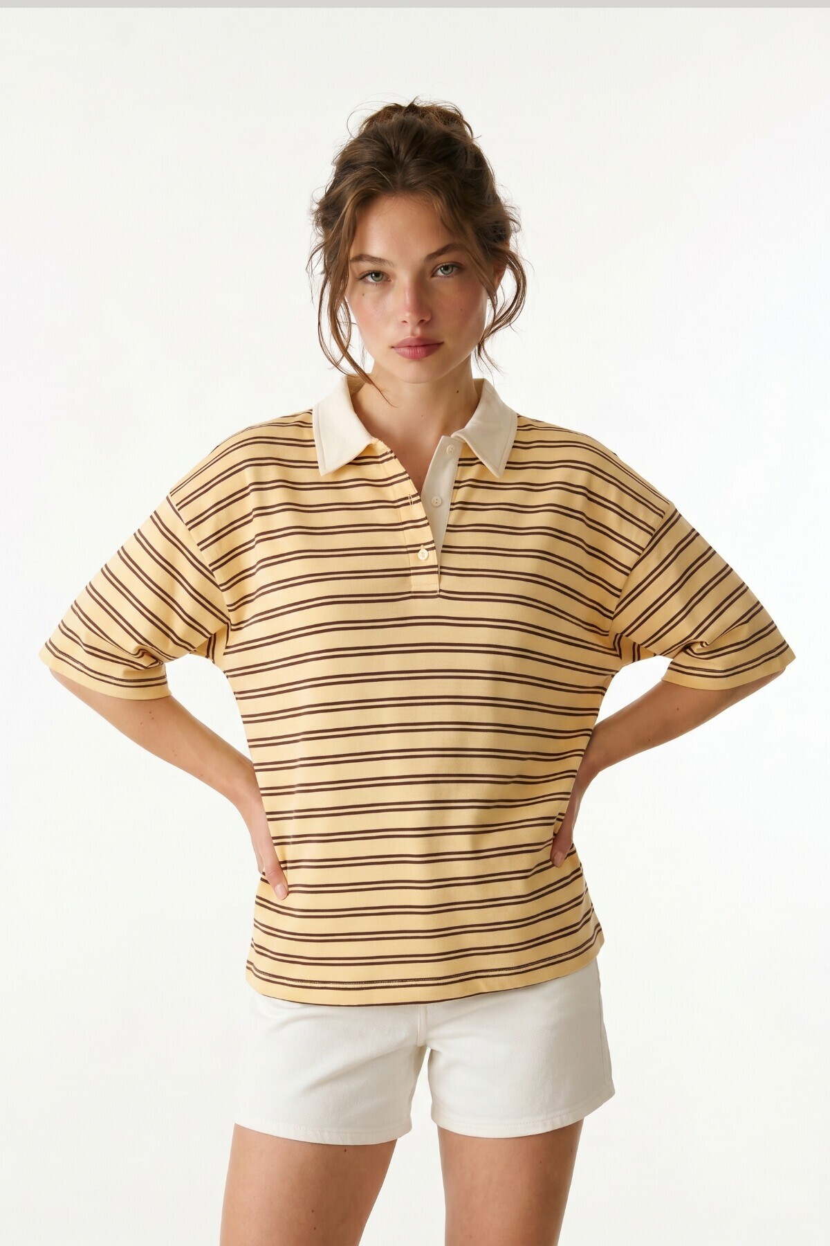 Polo Yaka Çizgili Oversize Örme T-shirt SARI LUB0388