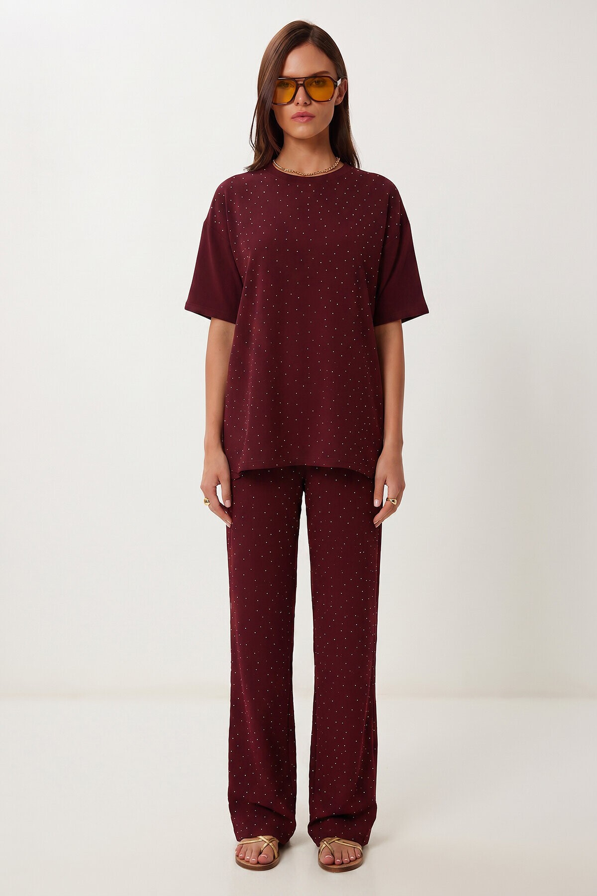 Taş Detaylı Örme Alt-Üst Takım BORDO LZV0068