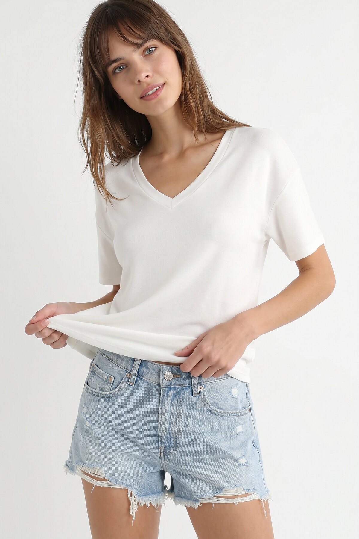 V Yaka Oversize Basic Örme T-shirt EKRU LZV0072