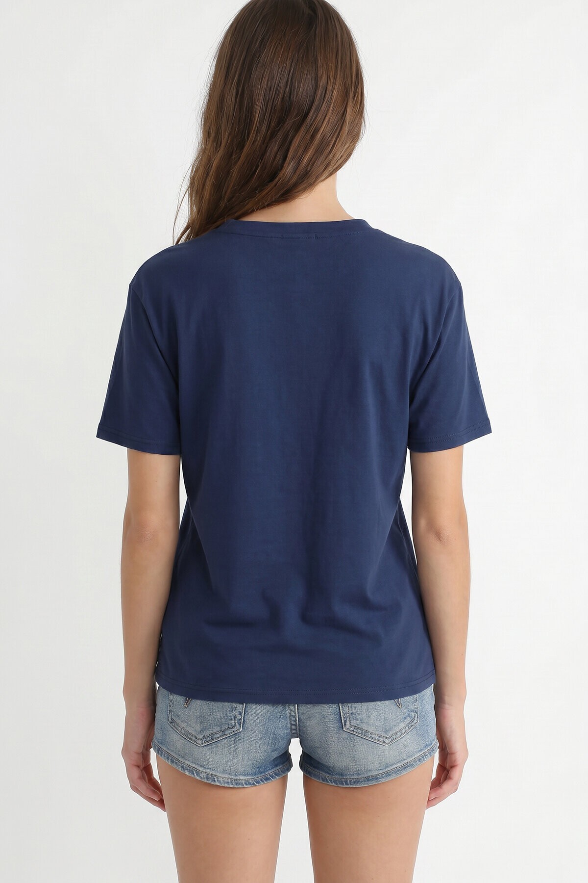 V Yaka Oversize Basic Örme T-shirt LACİVERT LZV0072