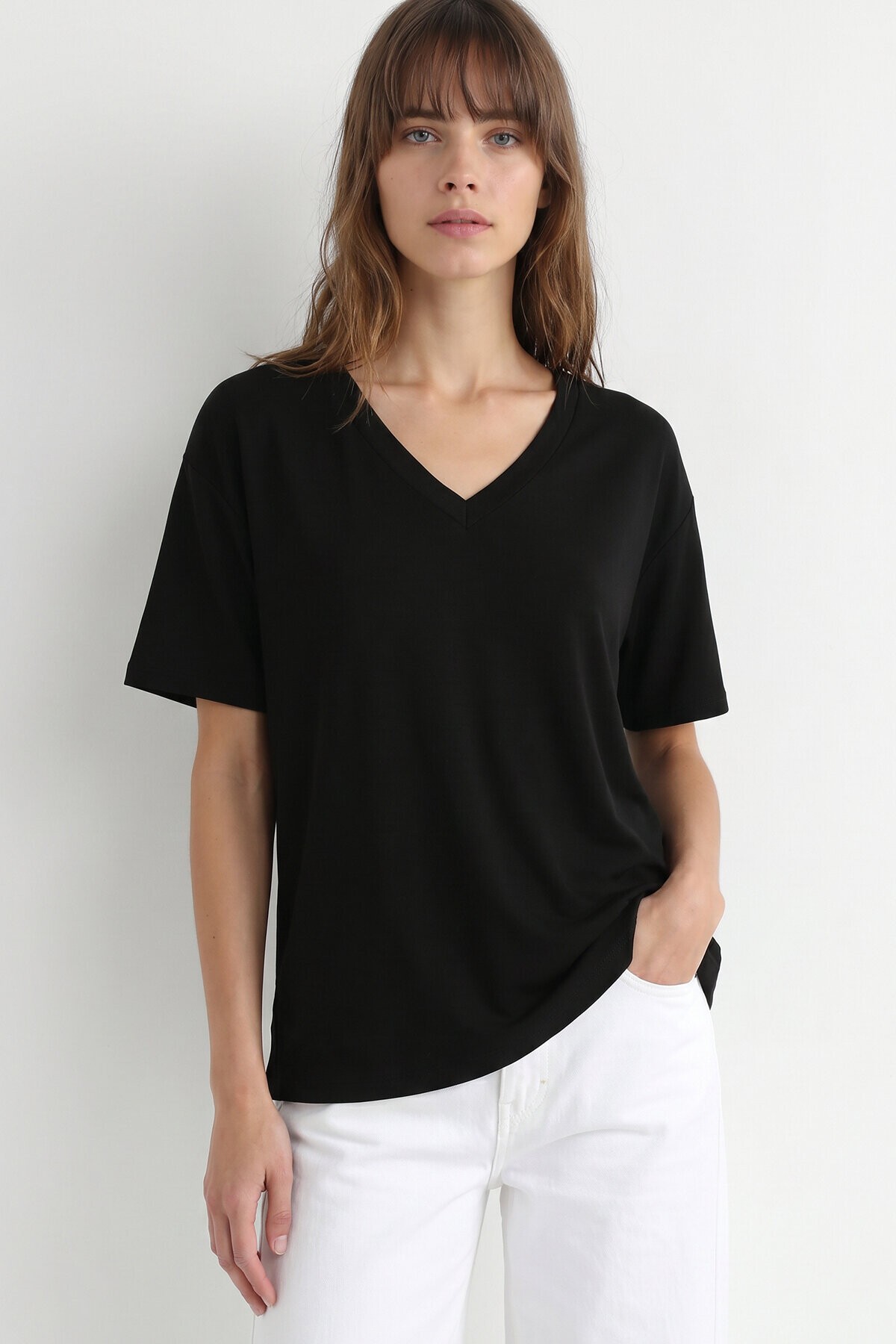 V Yaka Oversize Basic Örme T-shirt SİYAH LZV0072