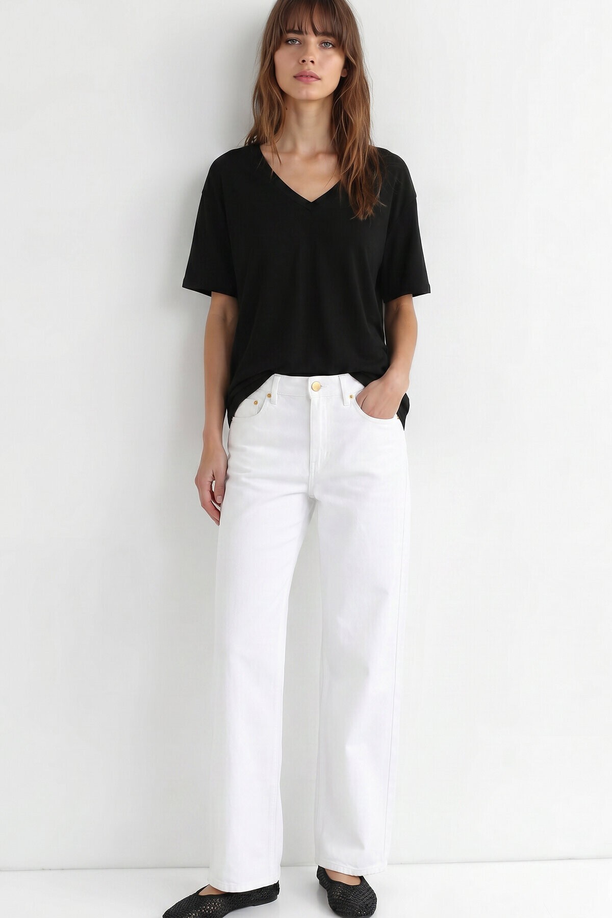 V Yaka Oversize Basic Örme T-shirt SİYAH LZV0072