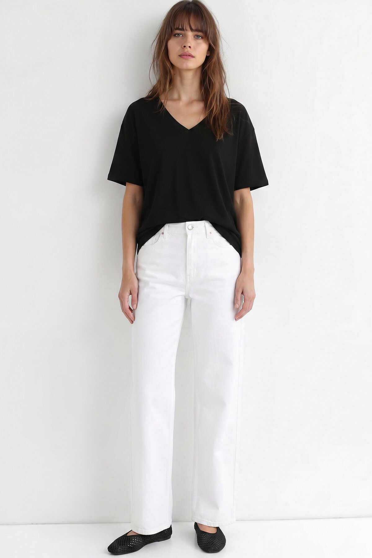 V Yaka Oversize Basic Örme T-shirt SİYAH LZV0072