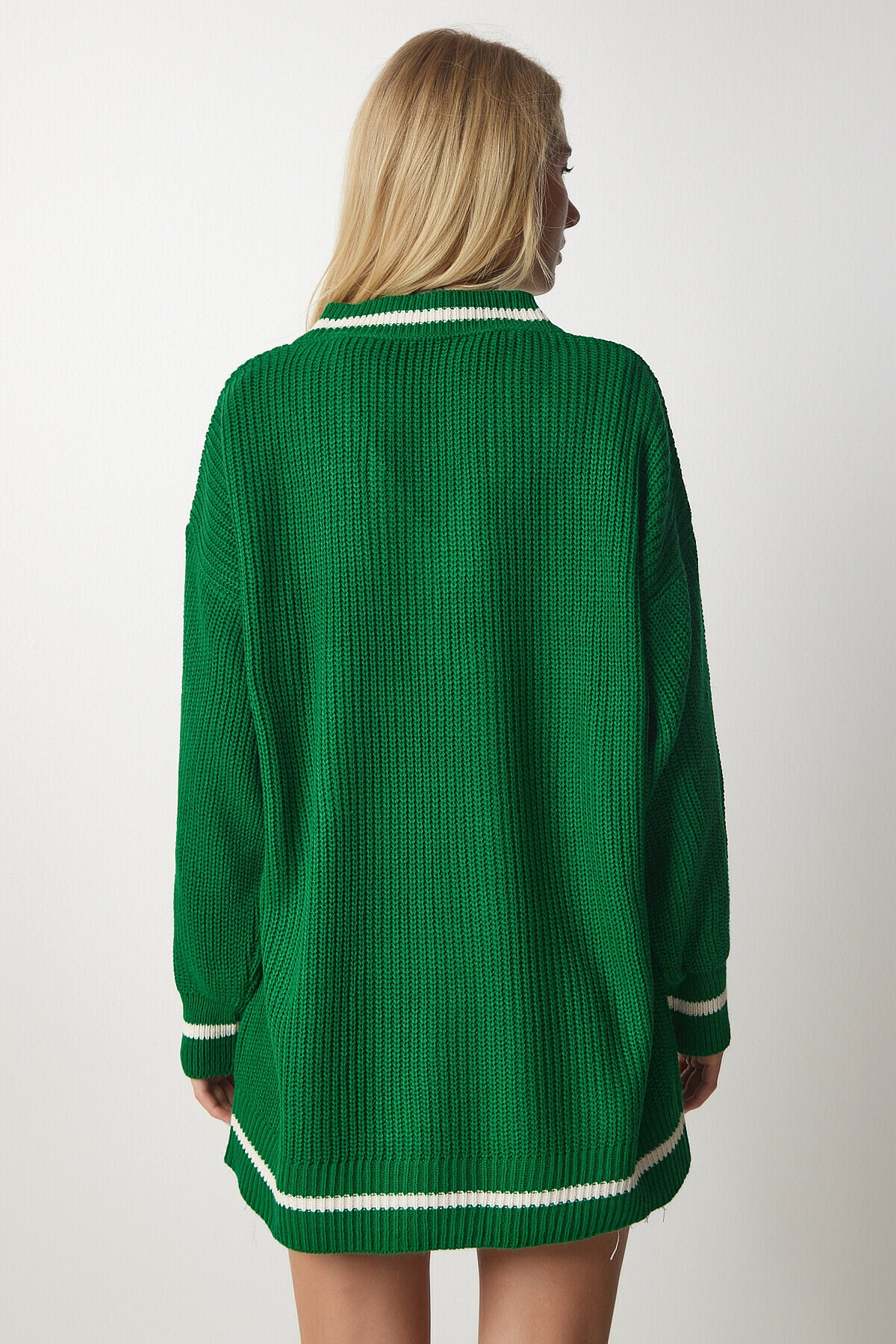 V Yaka Oversize Uzun Triko Kazak YEŞİL LBP0004
