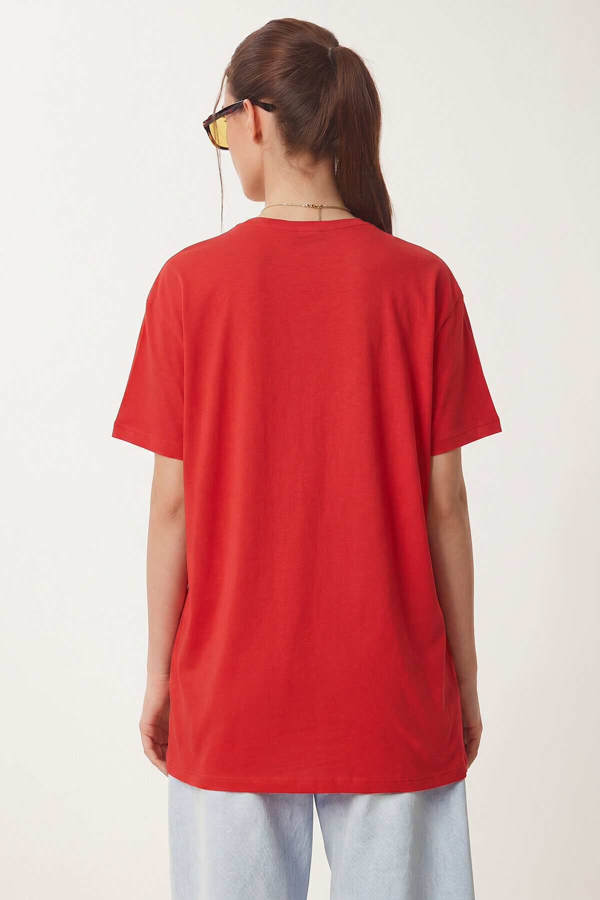 V Yaka Yırtmaçlı Viskon T-shirt KIRMIZI LRN0039