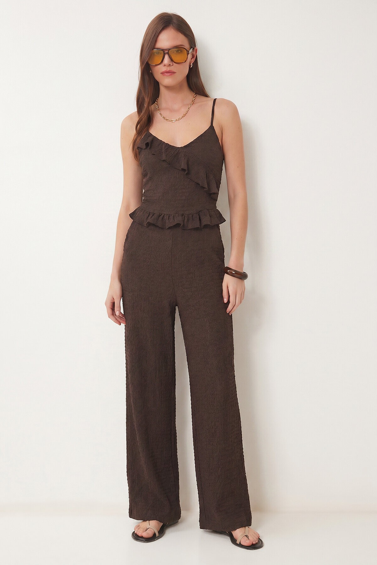 Volanlı Bluz Pantolon Krinkıl Takım KAHVERENGİ LFW0025