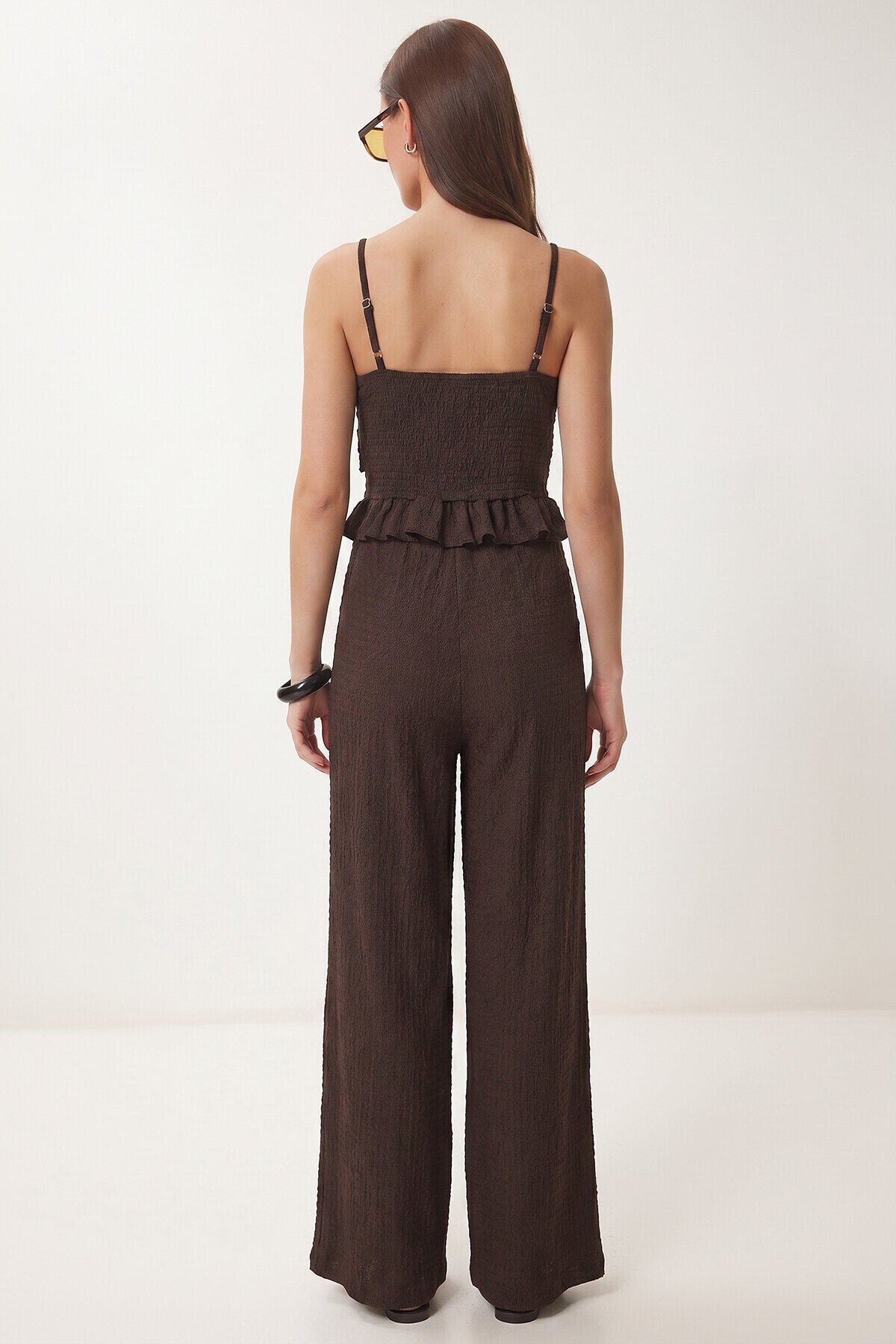 Volanlı Bluz Pantolon Krinkıl Takım KAHVERENGİ LFW0025