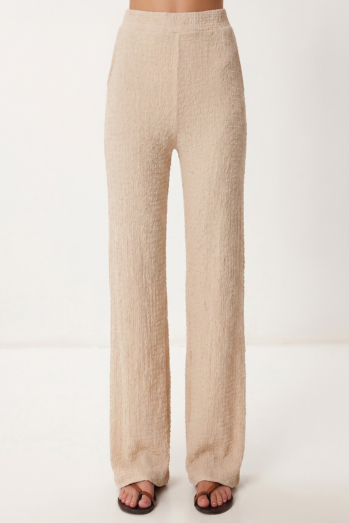 Volanlı Bluz Pantolon Krinkıl Takım KREM LFW0025