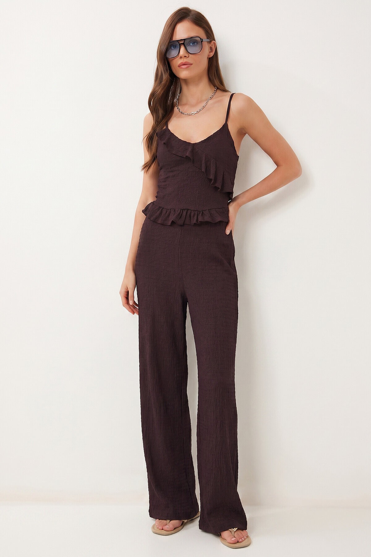 Volanlı Bluz Pantolon Krinkıl Takım MÜRDÜM LFW0025