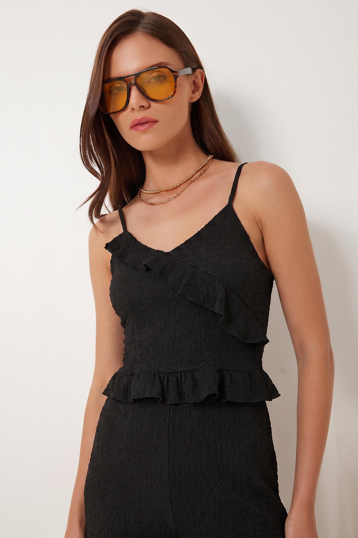 Volanlı Bluz Pantolon Krinkıl Takım SİYAH LFW0025