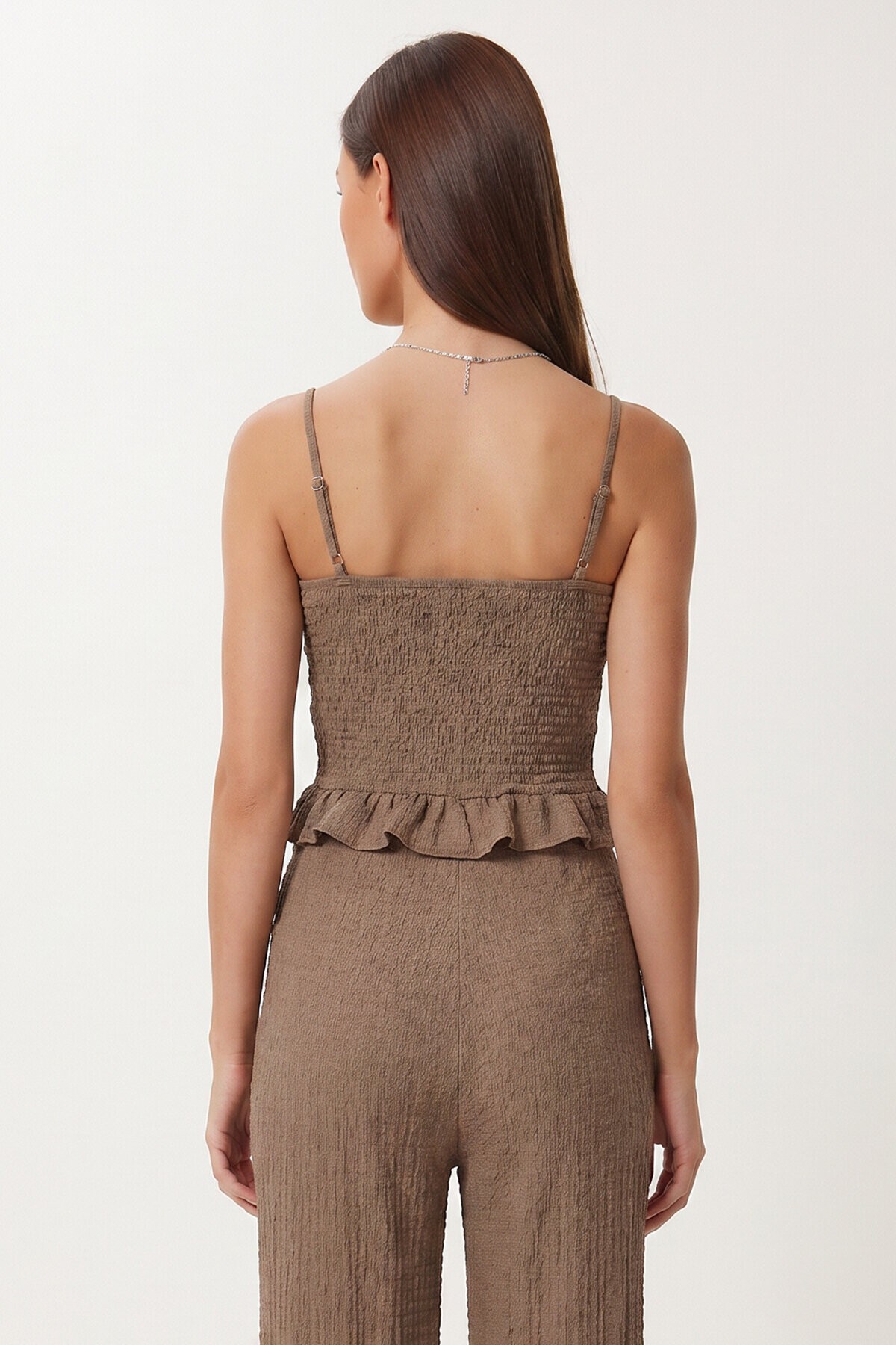 Volanlı Bluz Pantolon Krinkıl Takım VİZON LFW0025