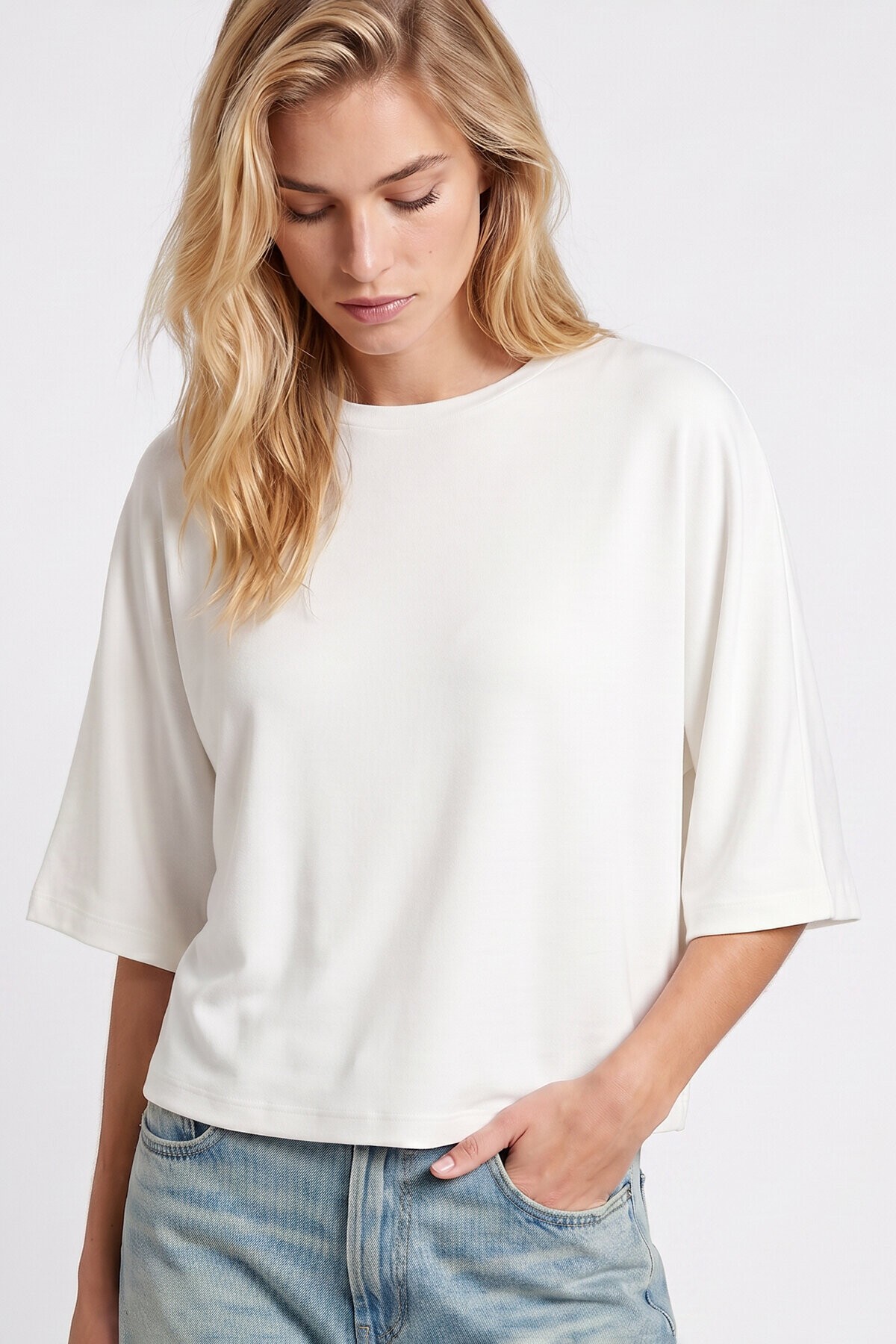 Yarasa Kollu Basic Örme Bluz EKRU LUB0369