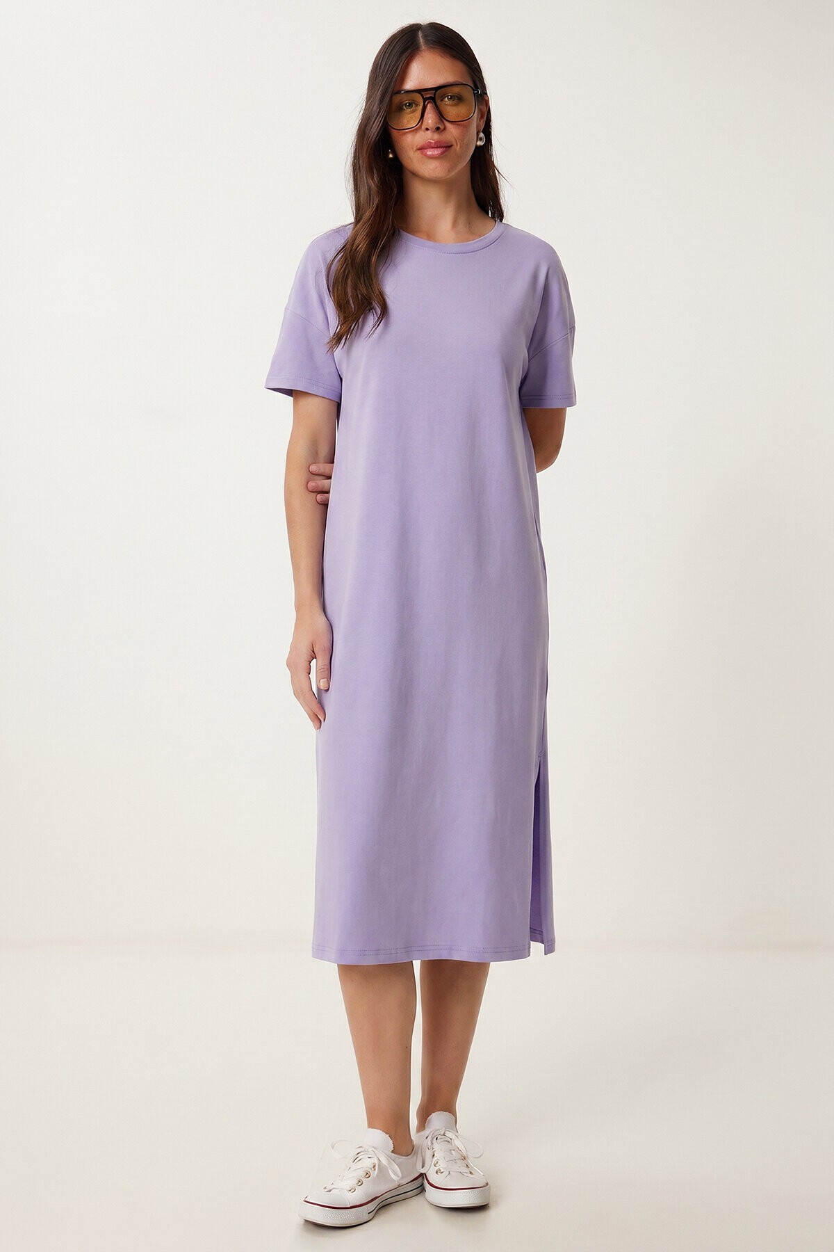 Yırtmaçlı Basic Yazlık Örme Elbise LİLA LRN0050