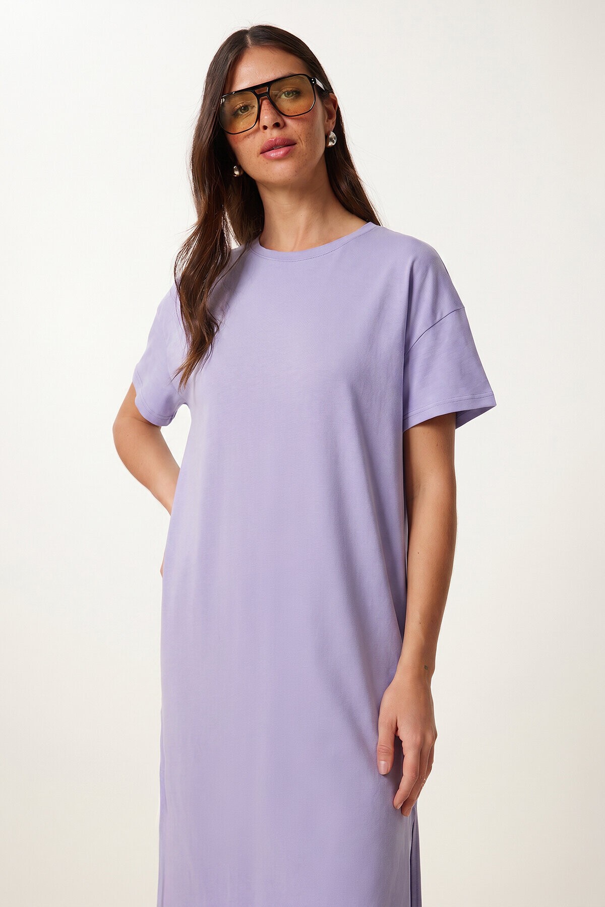Yırtmaçlı Basic Yazlık Örme Elbise LİLA LRN0050