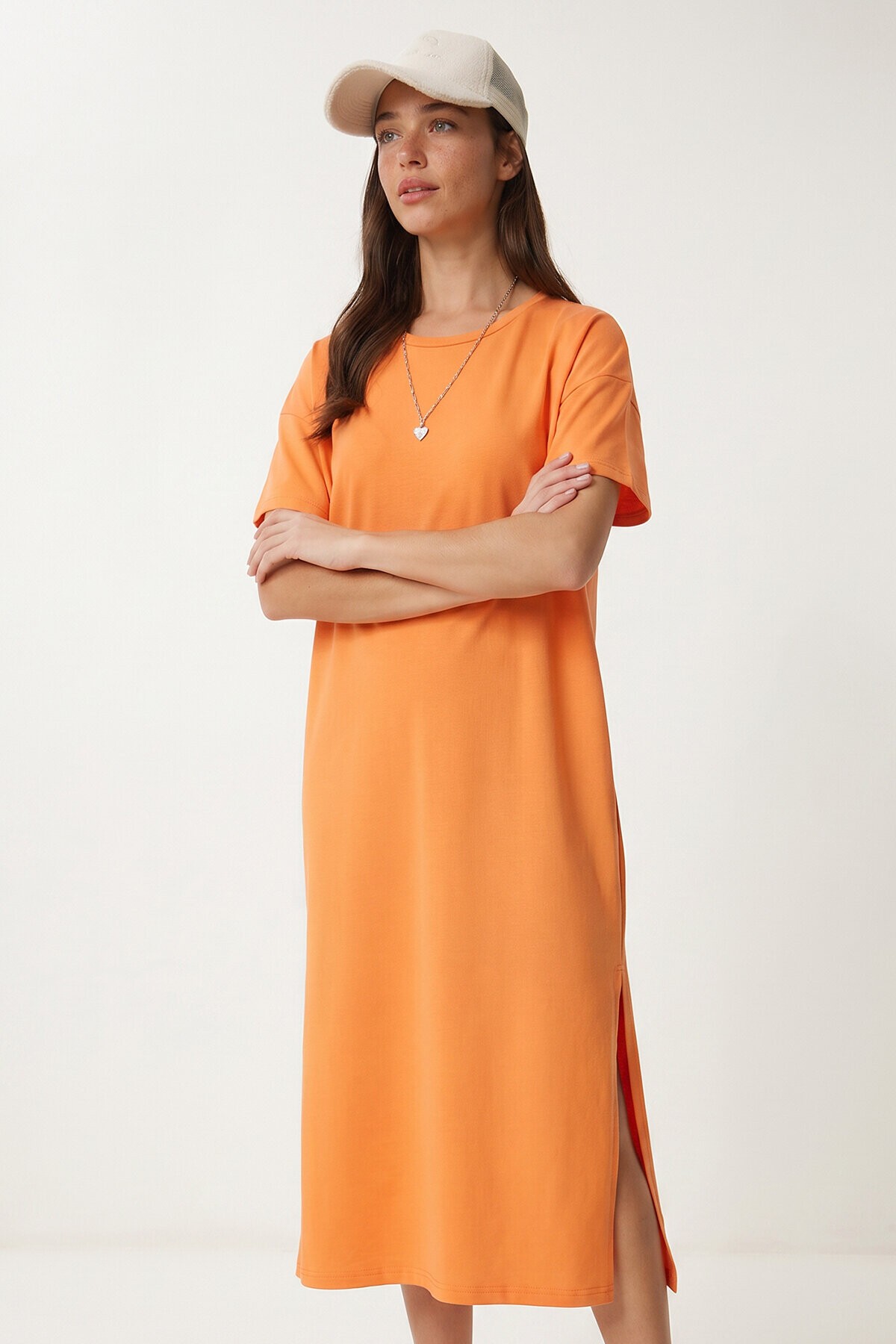 Yırtmaçlı Basic Yazlık Örme Elbise ORANJ LRN0050