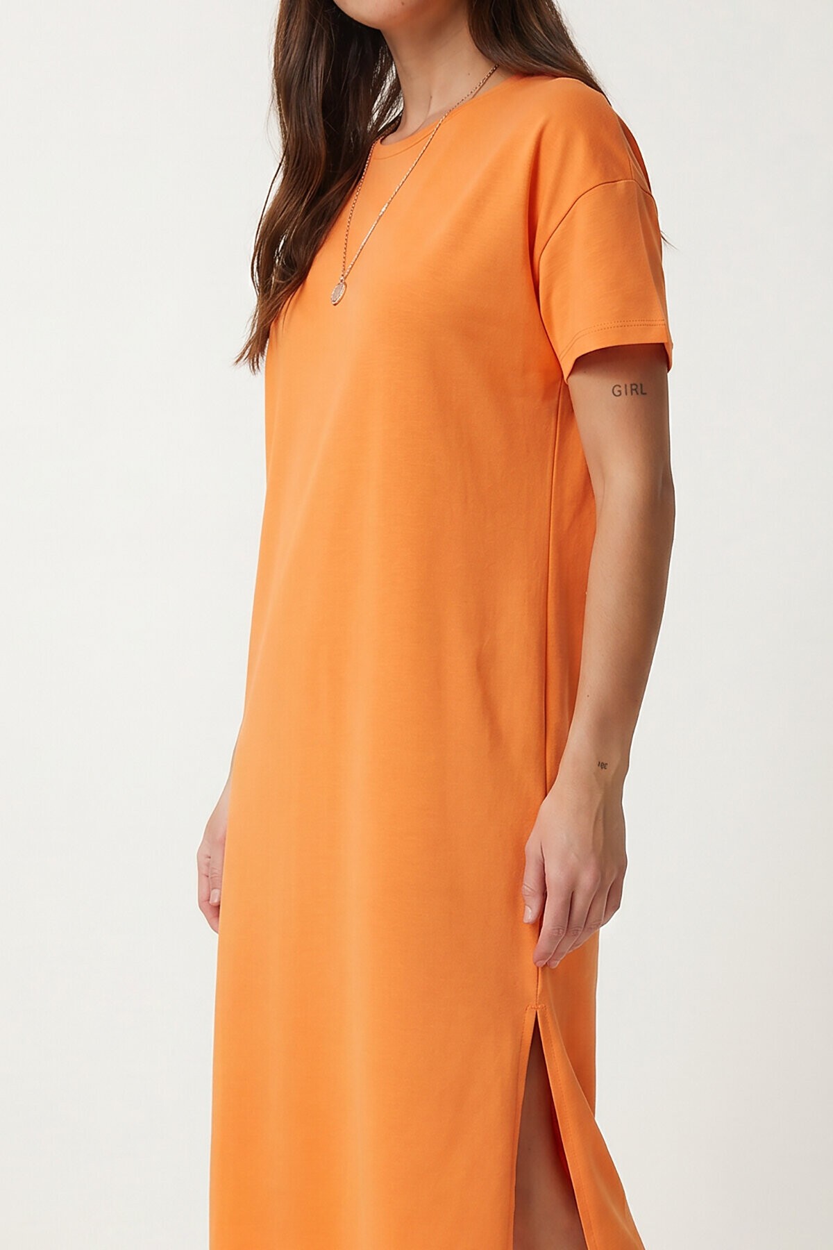 Yırtmaçlı Basic Yazlık Örme Elbise ORANJ LRN0050