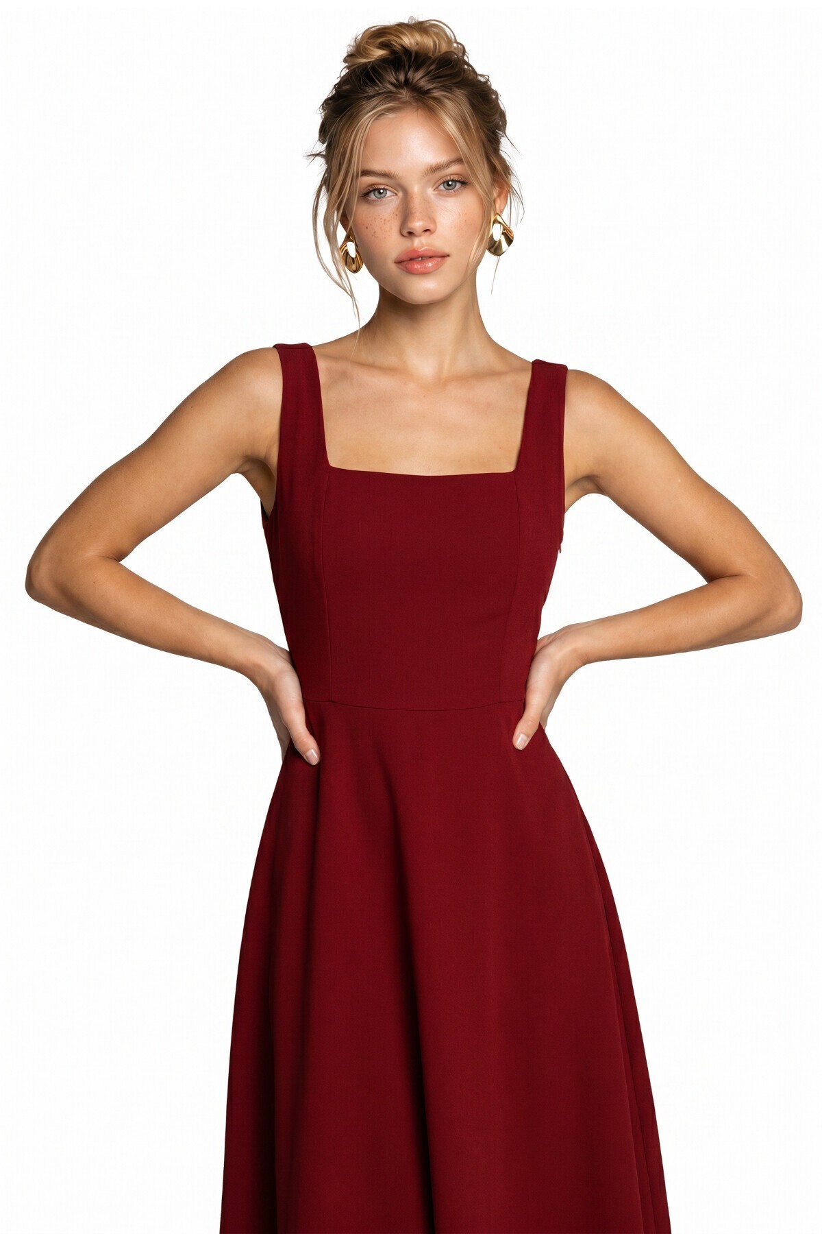A Kesim Midi Dokuma Elbise BORDO LNT0042