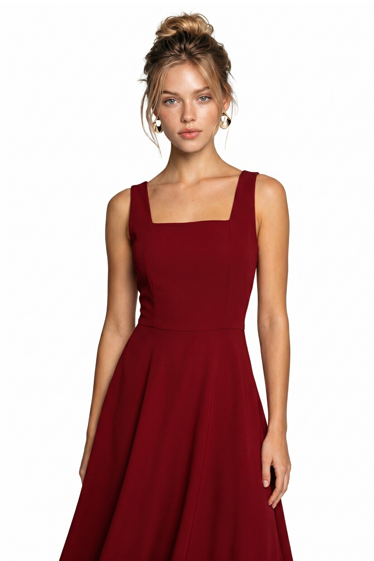 A Kesim Midi Dokuma Elbise BORDO LNT0042
