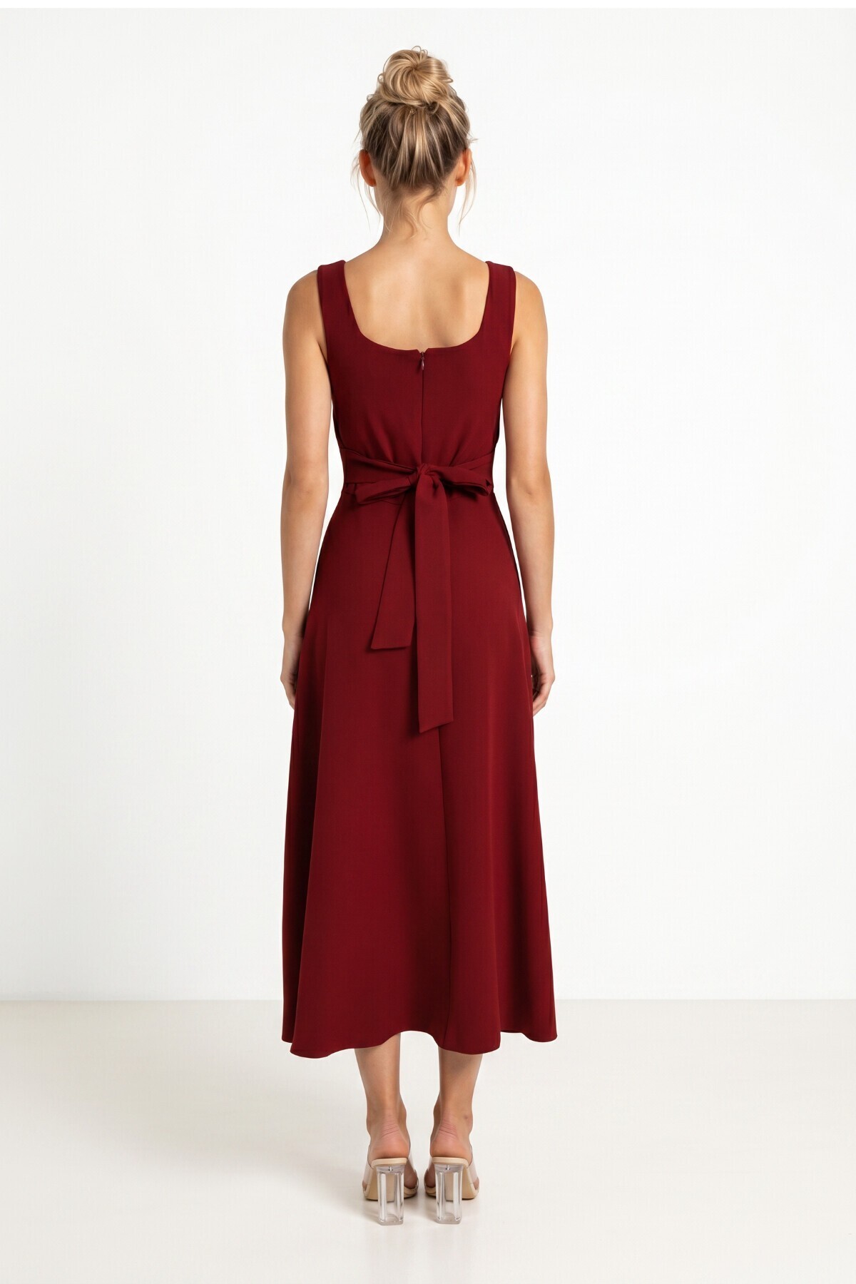 A Kesim Midi Dokuma Elbise BORDO LNT0042
