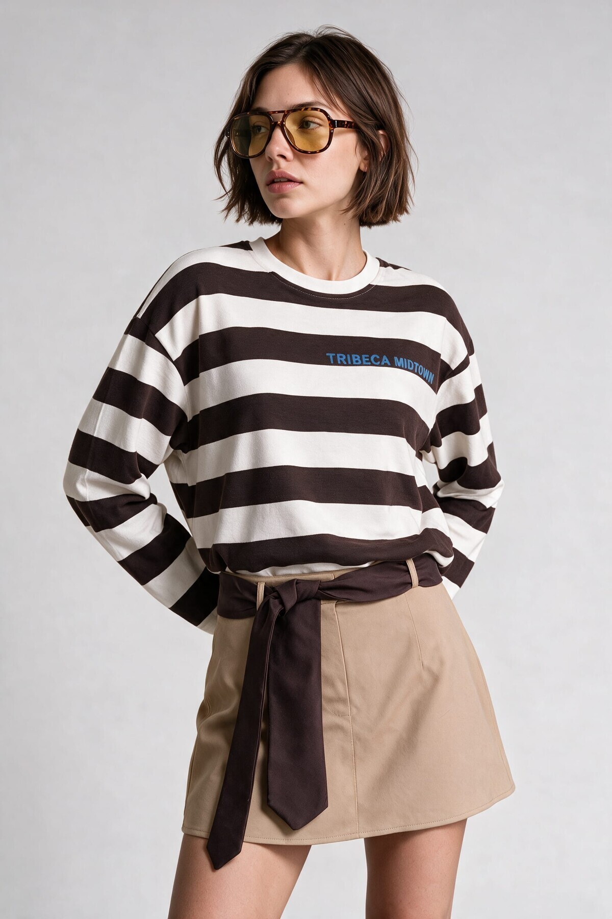 Çizgili Baskılı Oversize Örme Sweatshirt KAHVERENGİ EKRU LUB0398