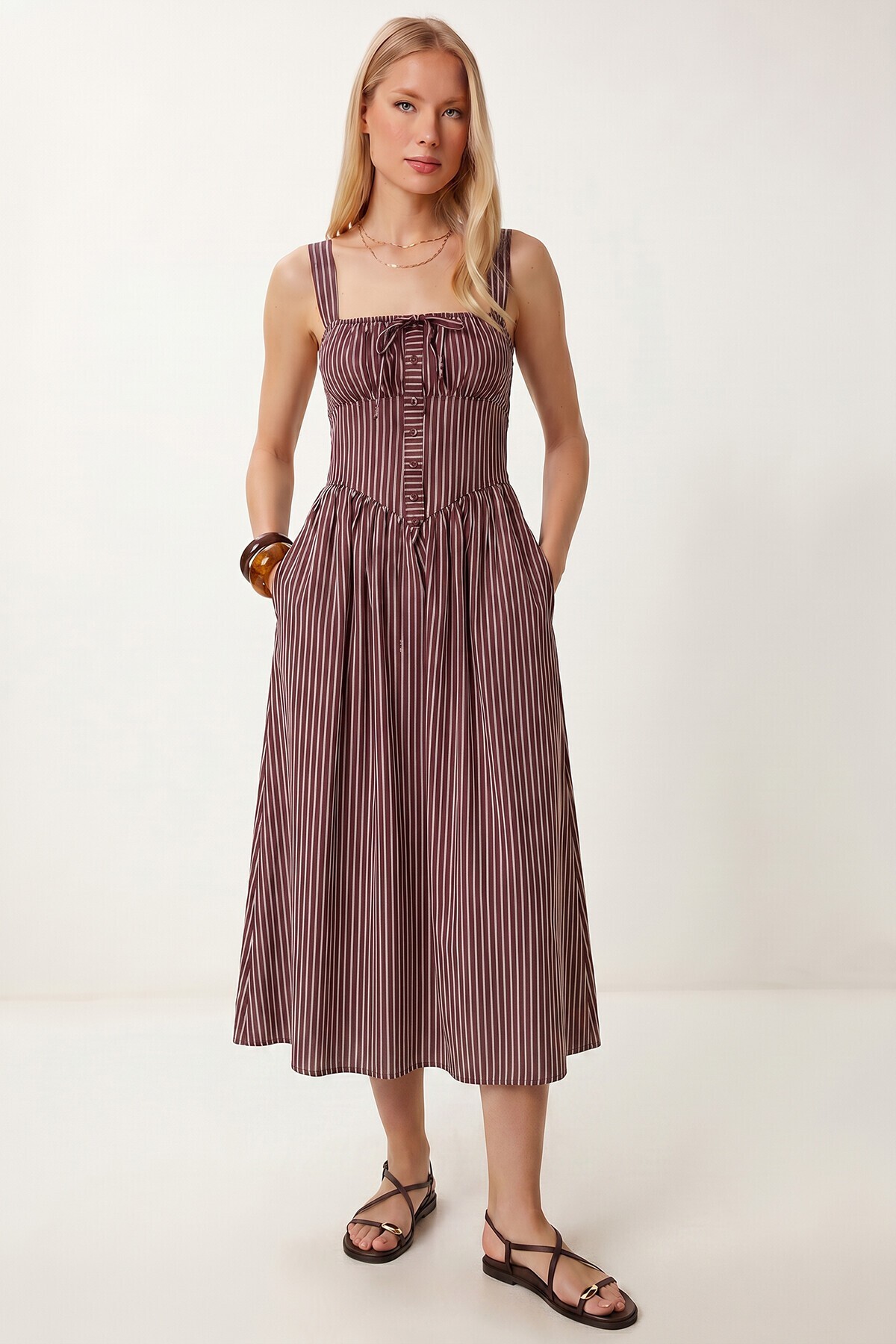 Çizgili Korse Görünümlü Poplin Midi Elbise BORDO LUB0374