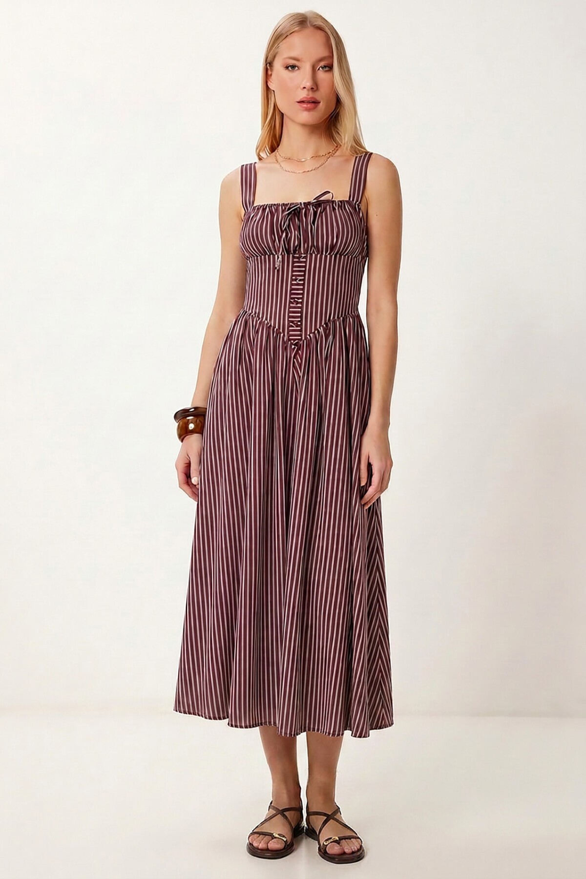 Çizgili Korse Görünümlü Poplin Midi Elbise BORDO LUB0374